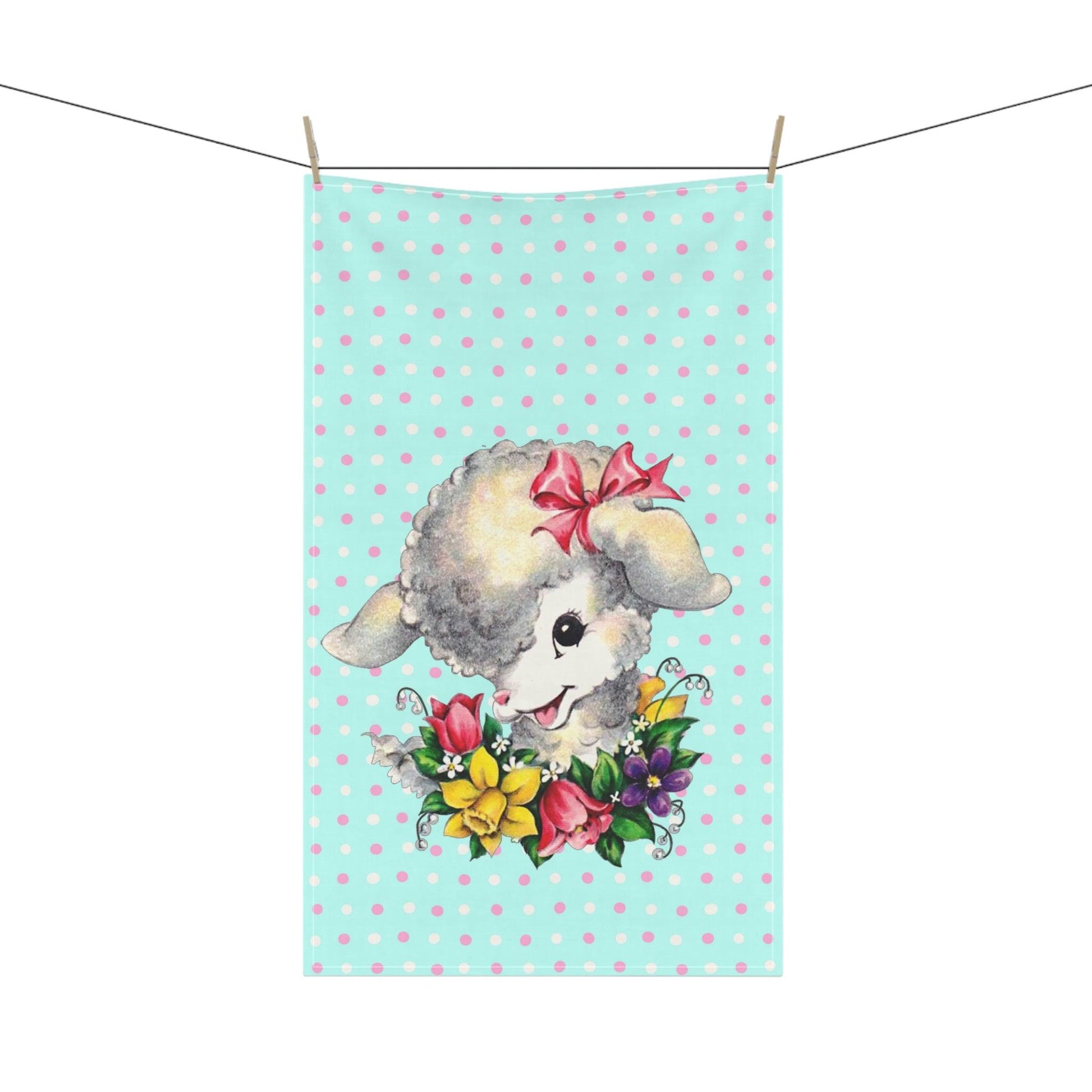 Vintage Easter Kitsch Lamb Cute 50s Blue Kitchen Tea Towel | lovevisionkarma.com