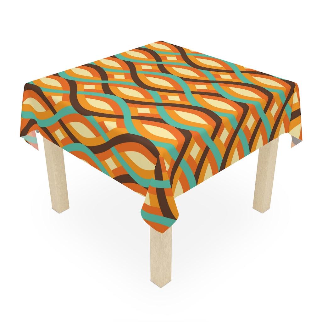 Retro Geometric Waves Mid Century Mod Brown and Orange Tablecloth | lovevisionkarma.com
