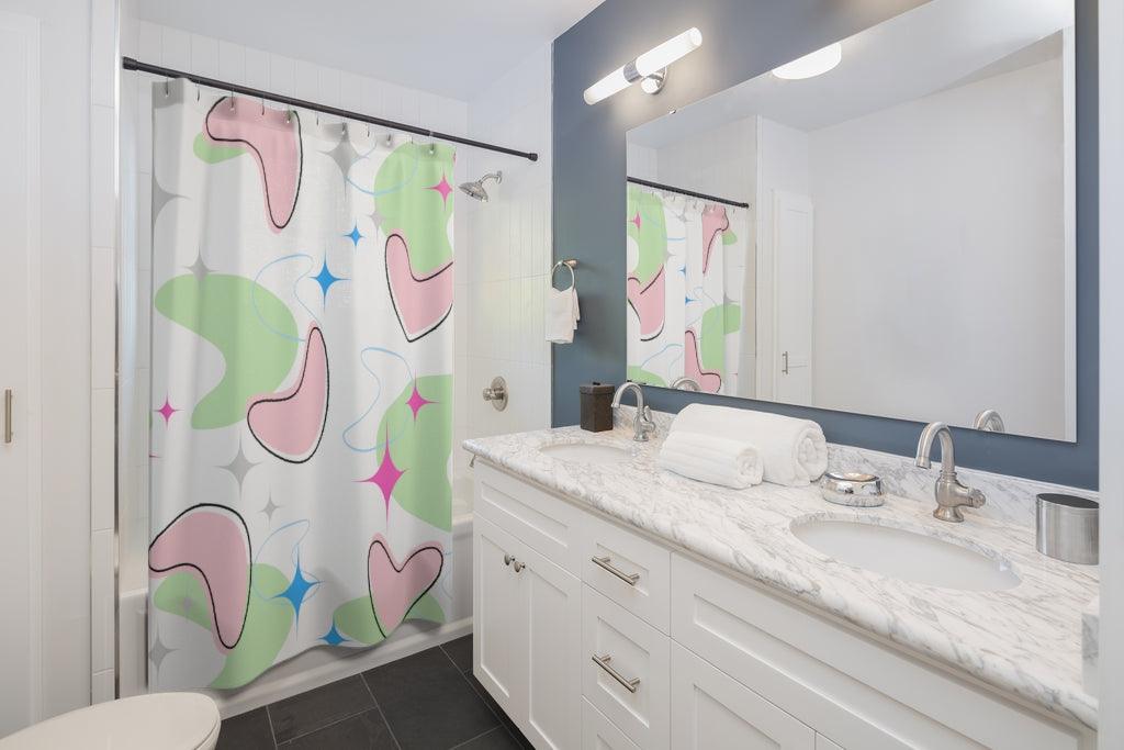 Retro Mid Century Atomic Starbursts & Boomerangs Multicolor Shower Curtain | lovevisionkarma.com