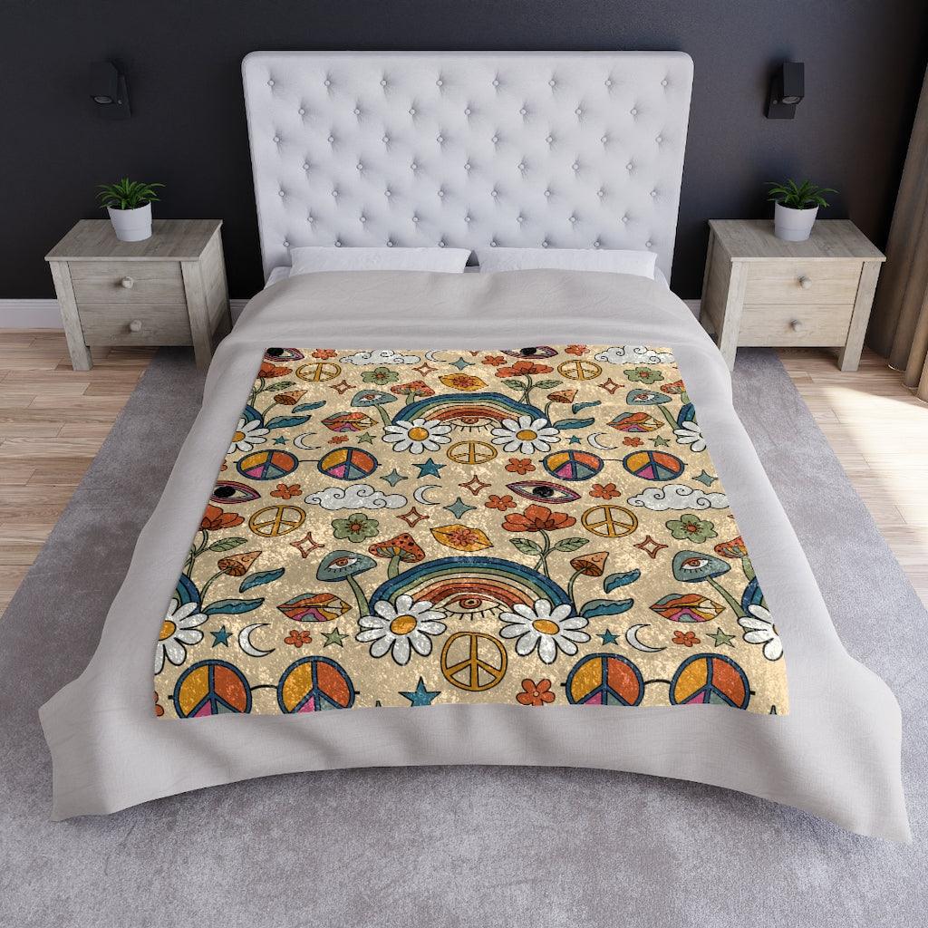 Trippy Boho Mushroom, Rainbow and Hippie Flowers Cottagecore Crushed Velvet Blanket | lovevisionkarma.com