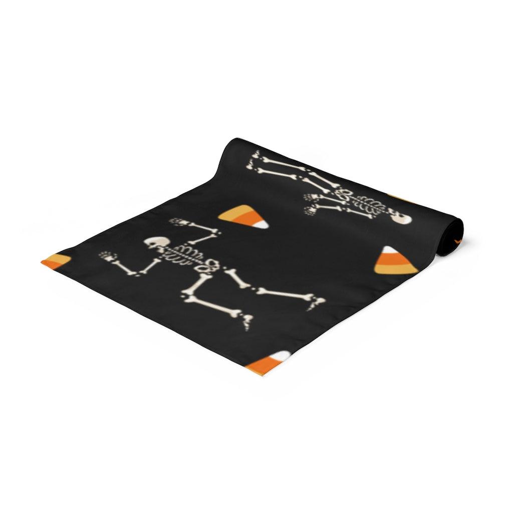 Dancing Skeletons & Candy Corn Halloween Black Table Runner | lovevisionkarma.com