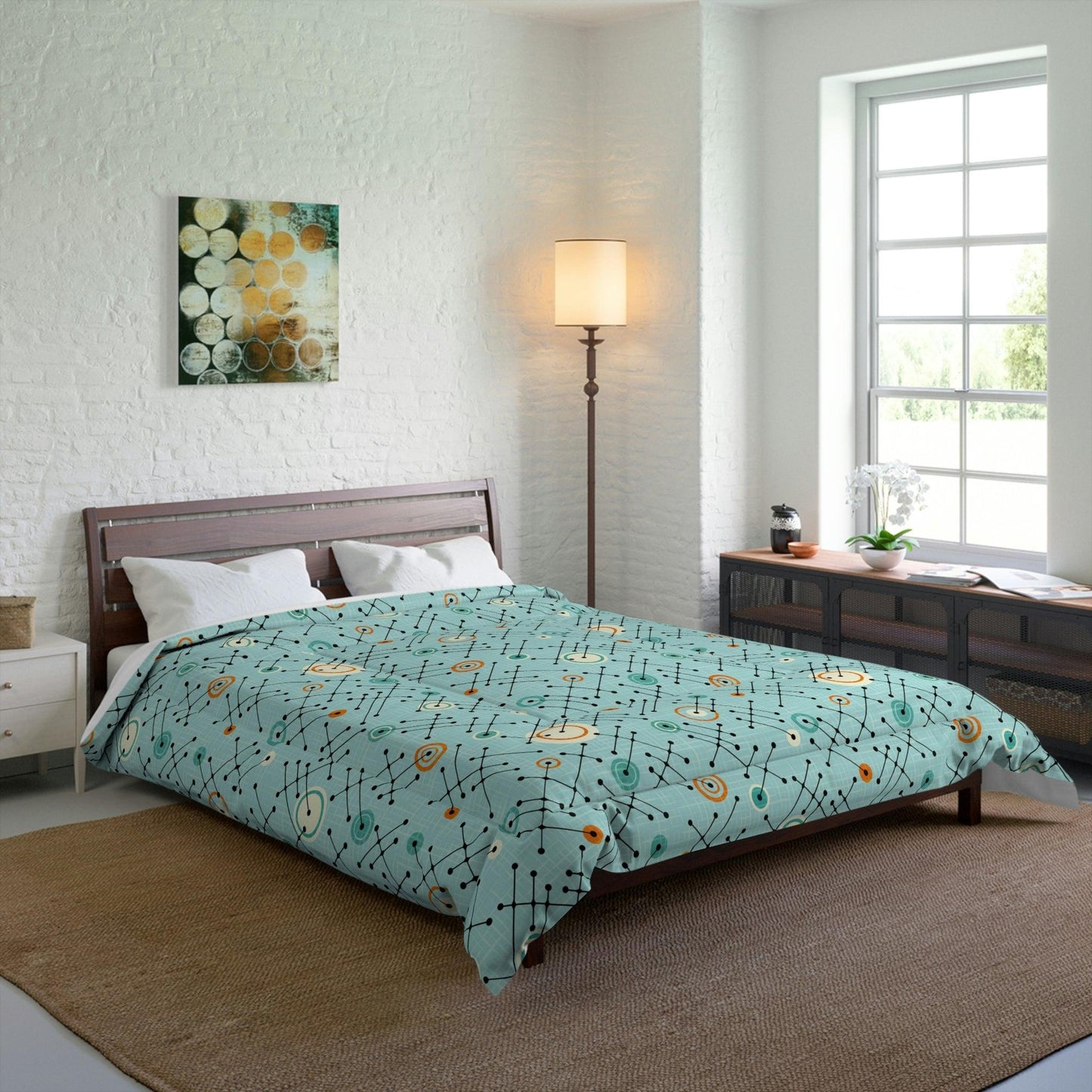 Retro 50s Lines Eames Inspired MCM Blue Comforter | lovevisionkarma.com