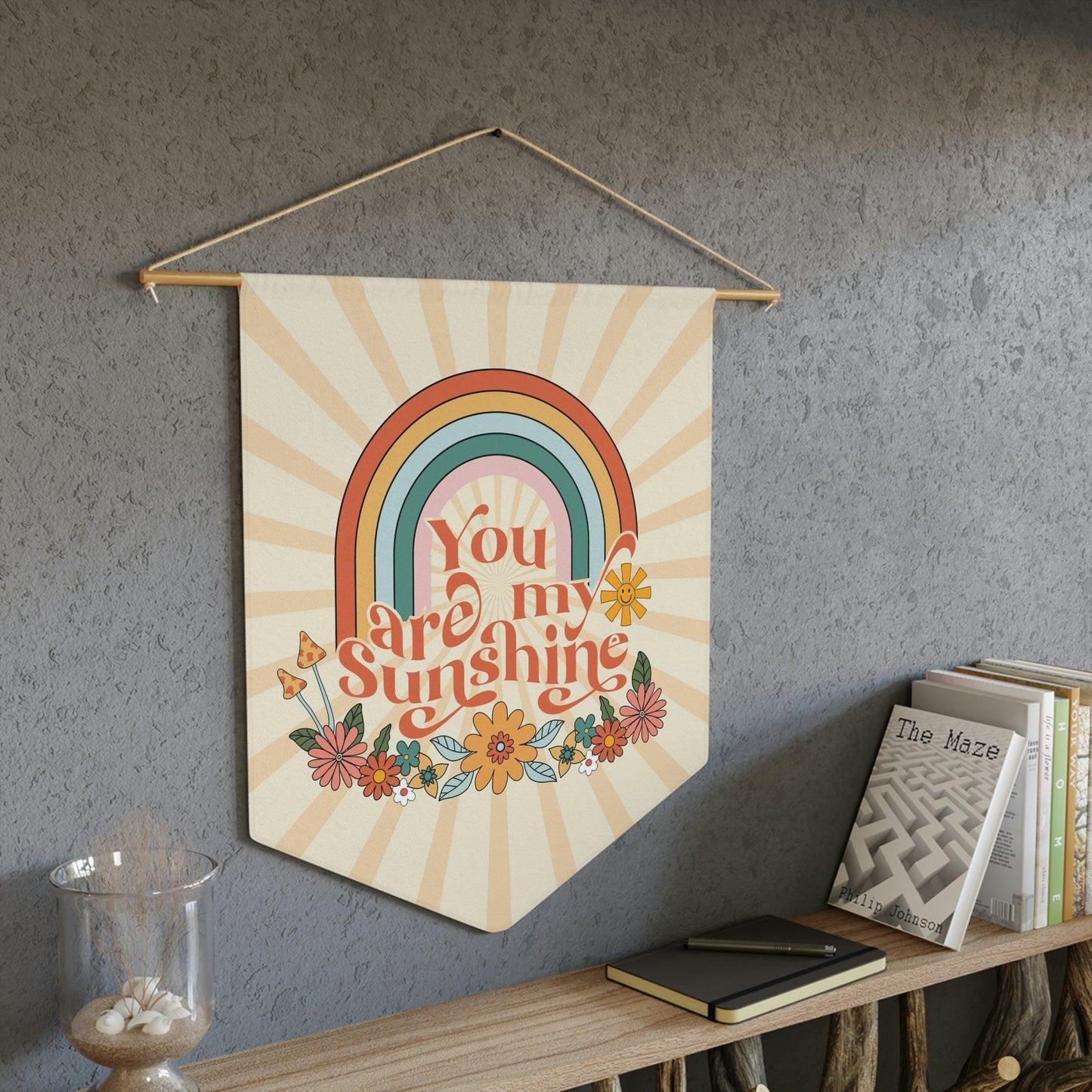 Groovy Retro "You are My Sunshine" Rainbow and Floral MCM Wall Pennant | lovevisionkarma.com