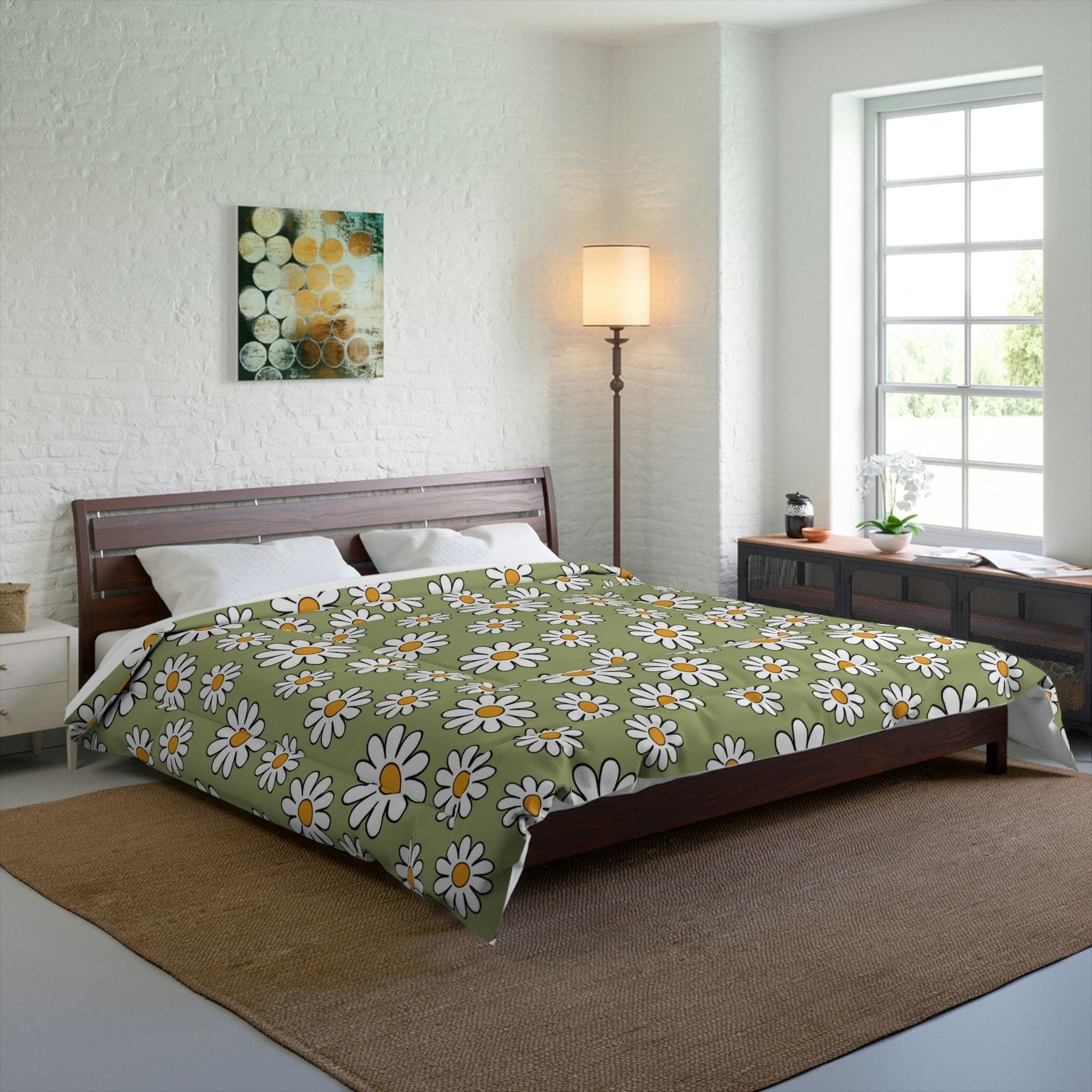 Retro 60s Boho Daisy Sage Green MCM Comforter | lovevisionkarma.com