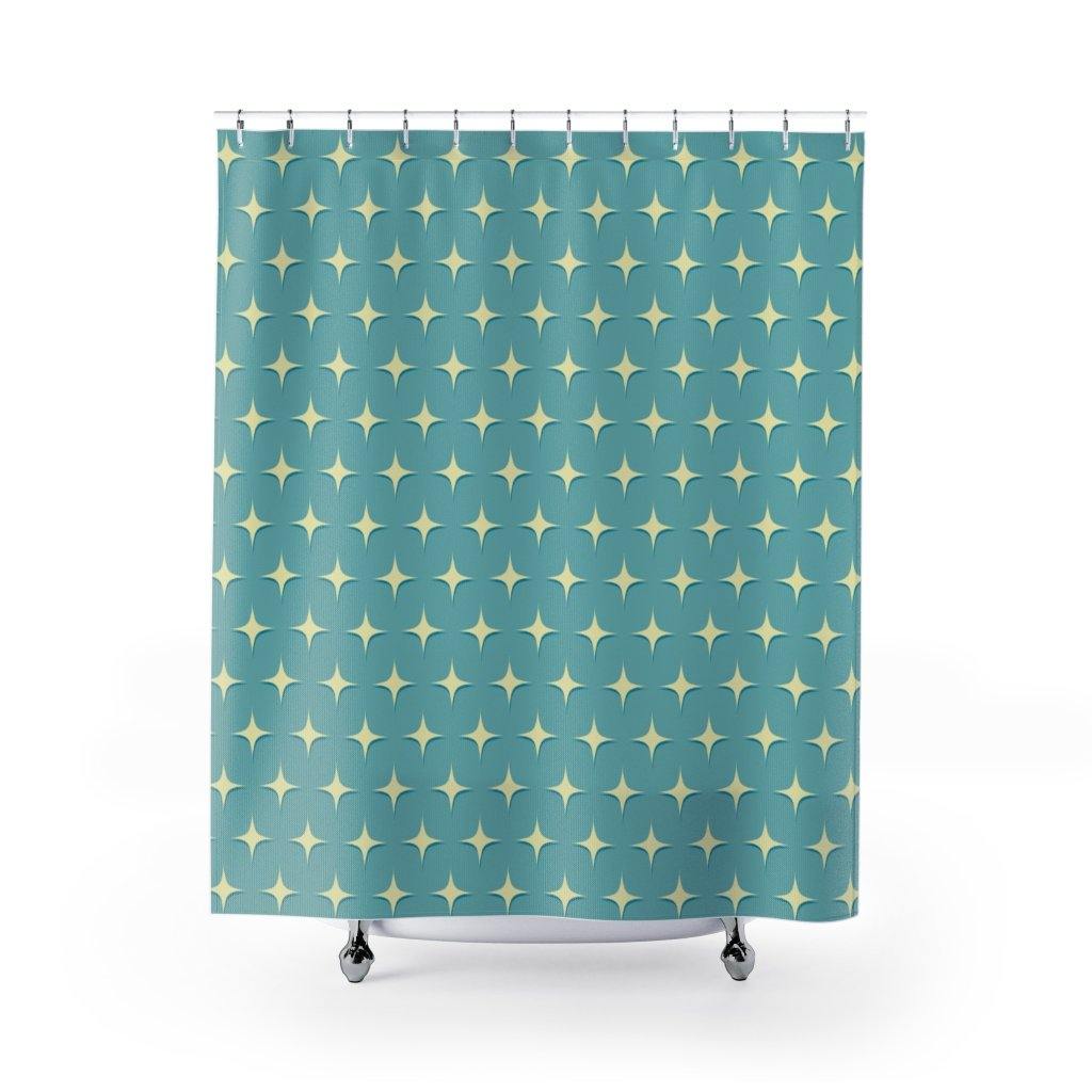 Mid Century Atomic Starburst Blue Shower Curtain | lovevisionkarma.com