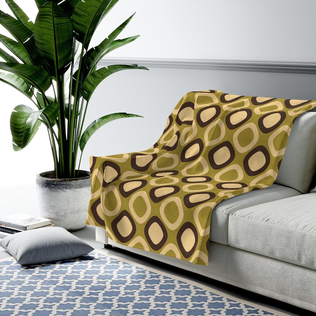 Retro Mod Squares MCM Green, Brown Lightweight Velveteen Blanket | lovevisionkarma.com