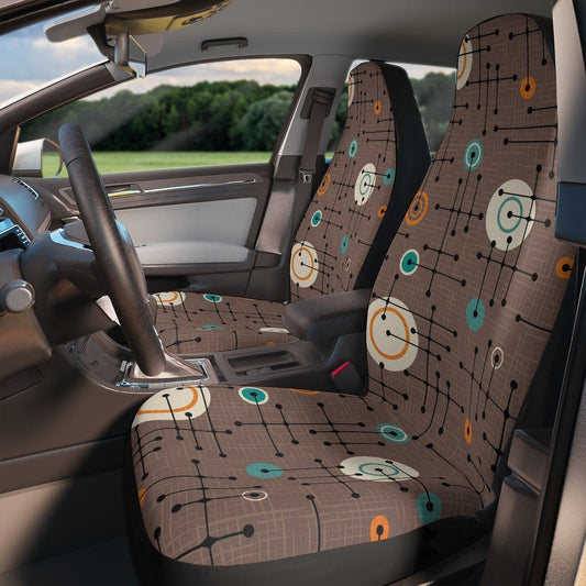 Mid Century Modern Lines & Circles Brown Retro Style Car Seat Covers | lovevisionkarma.com