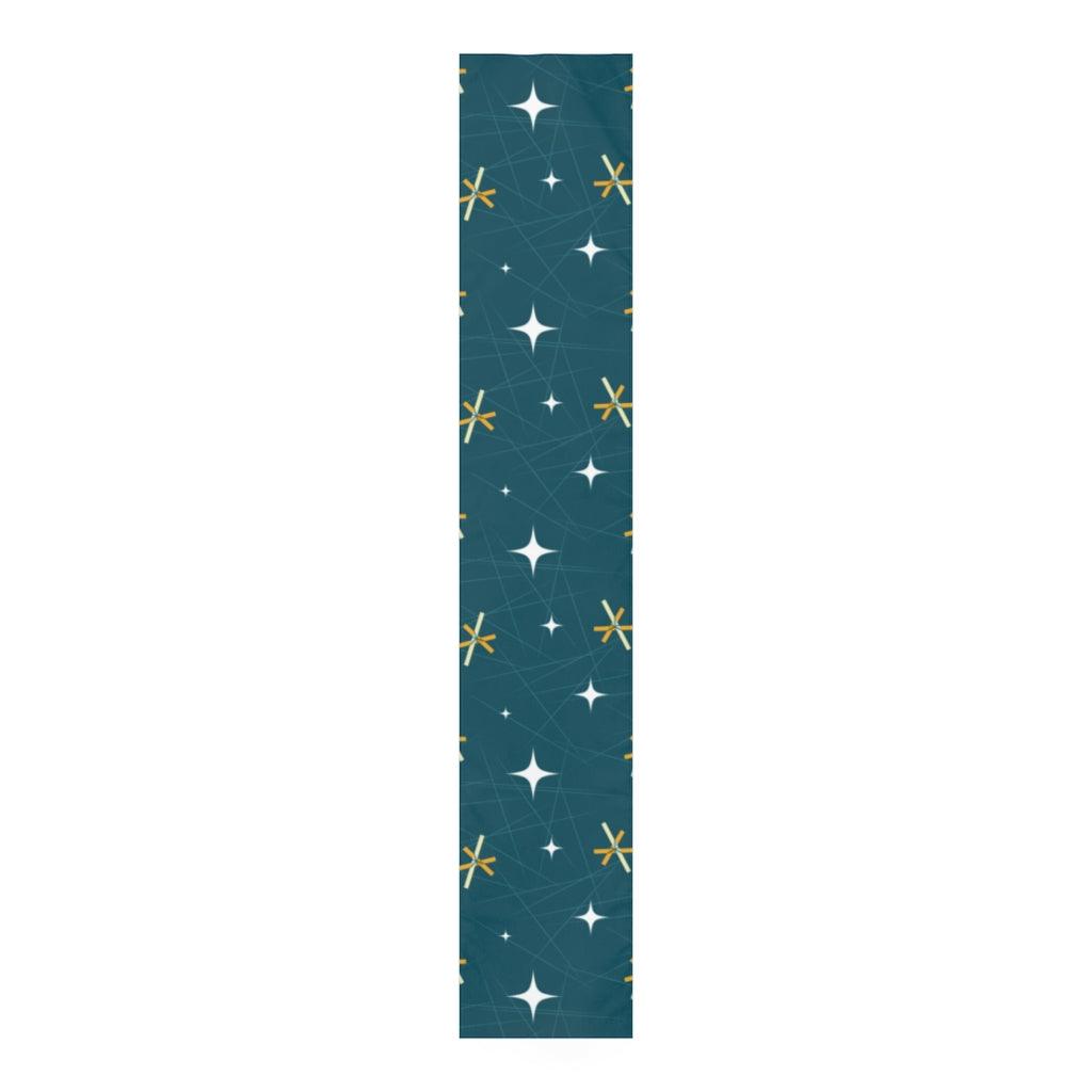 Mid Century Table Runner, Bursts and Stars Dark Blue Retro Table Linens | lovevisionkarma.com