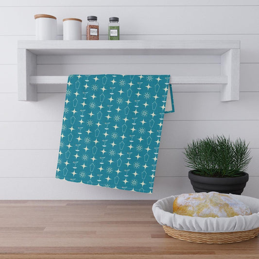 Retro Atomic Burst, Martini & Shaker MCM Blue Tea Towel | lovevisionkarma.com