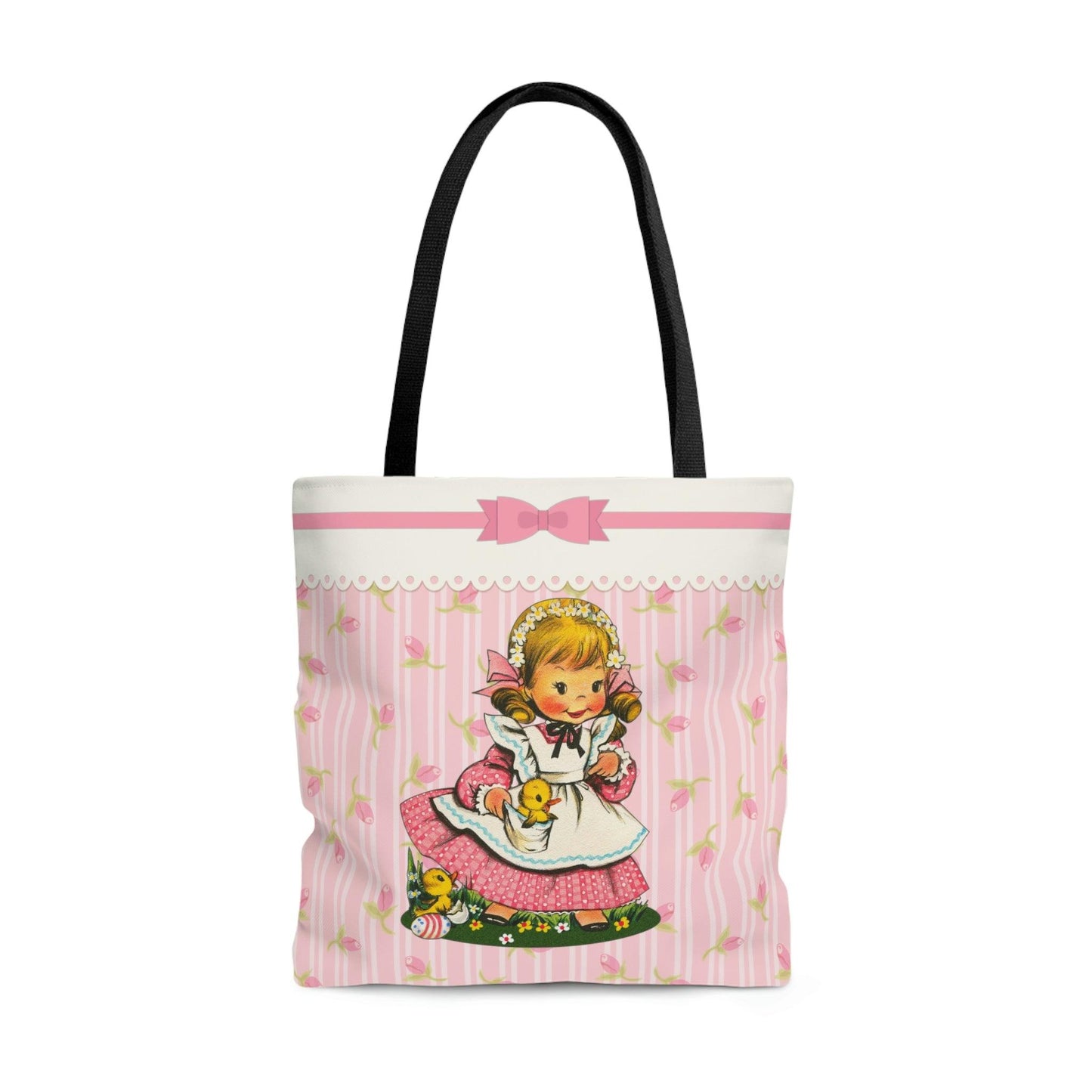 Vintage Kitsch Girl with Chicks MCM Easter Pink Tote Bag | lovevisionkarma.com