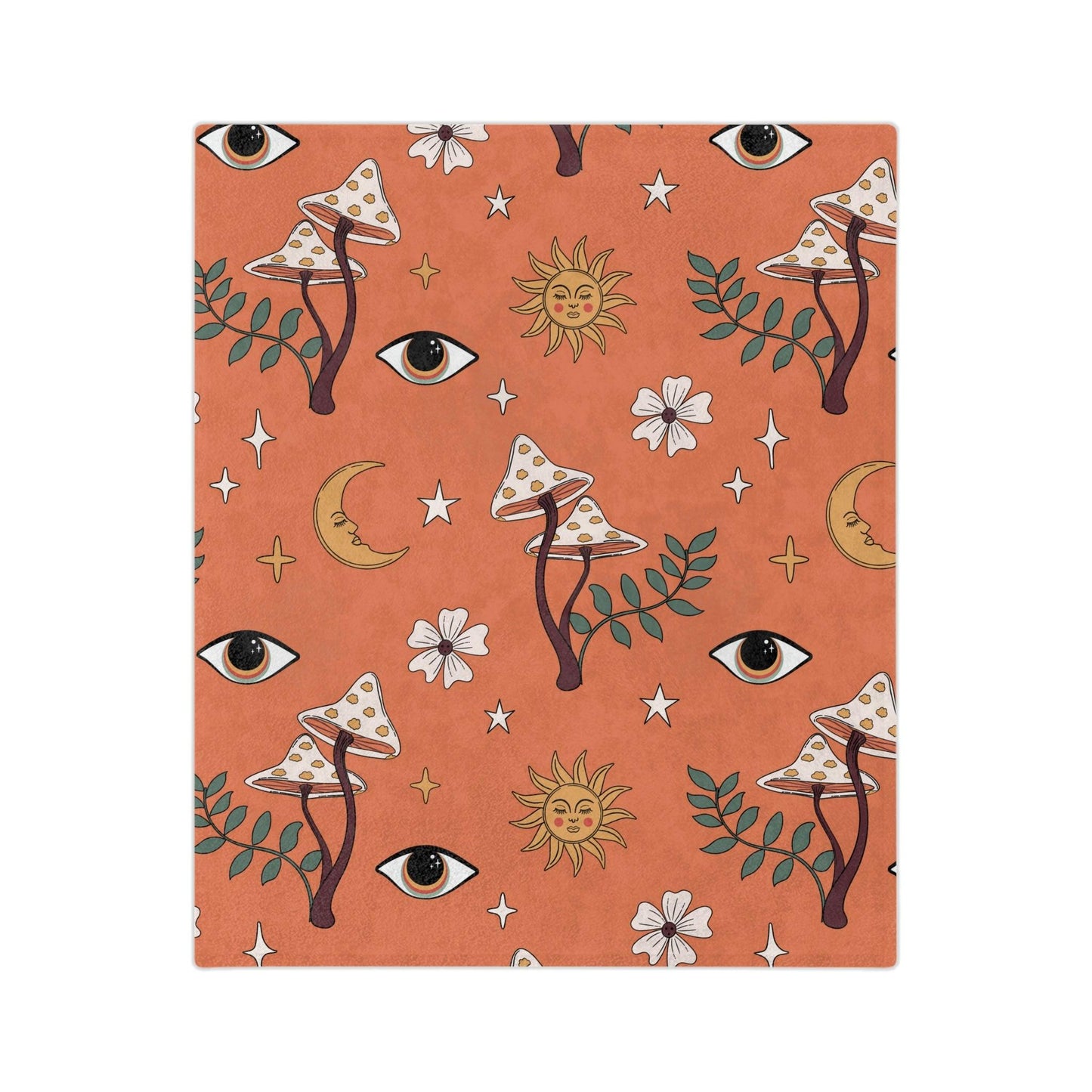 Boho Mushroom, Eye, Sun, Moon & Stars MCM Coral Orange Velveteen Minky Blanket | lovevisionkarma.com