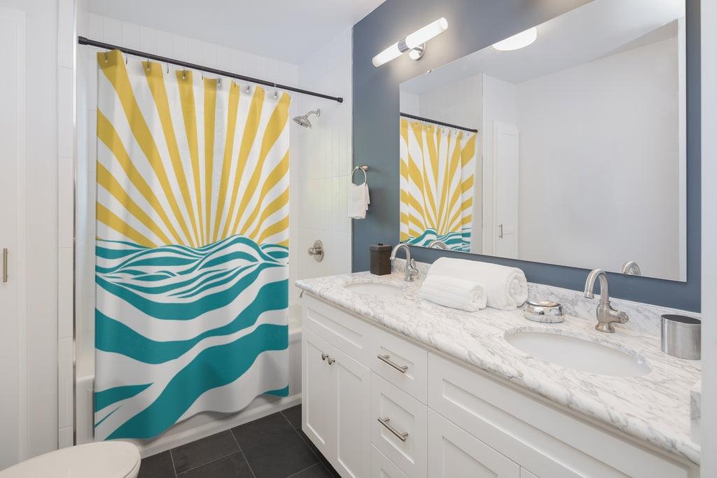 Minimalist Boho Sunrise Yellow, White & Blue MCM Shower Curtain | lovevisionkarma.com