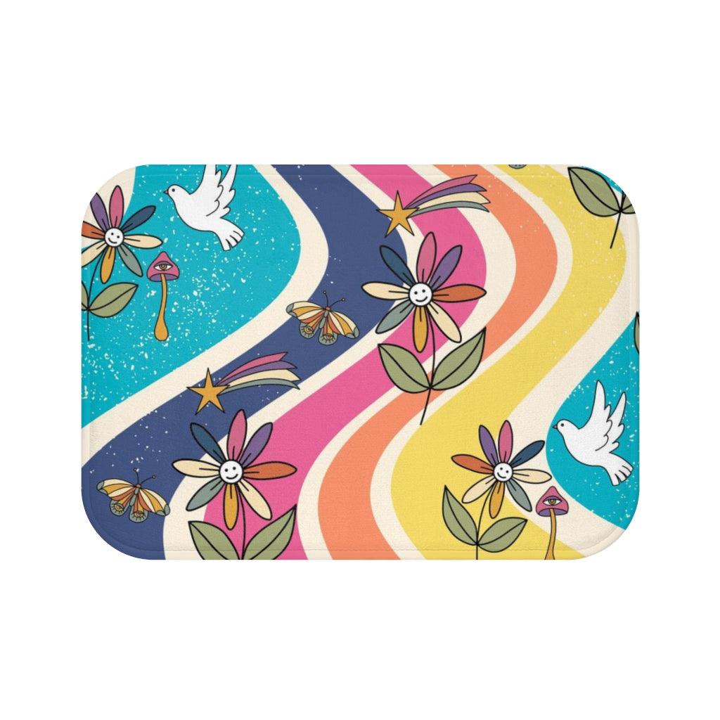 Groovy Hippie Flowers and Boho Mushrooms Colorful Bath Mat | lovevisionkarma.com