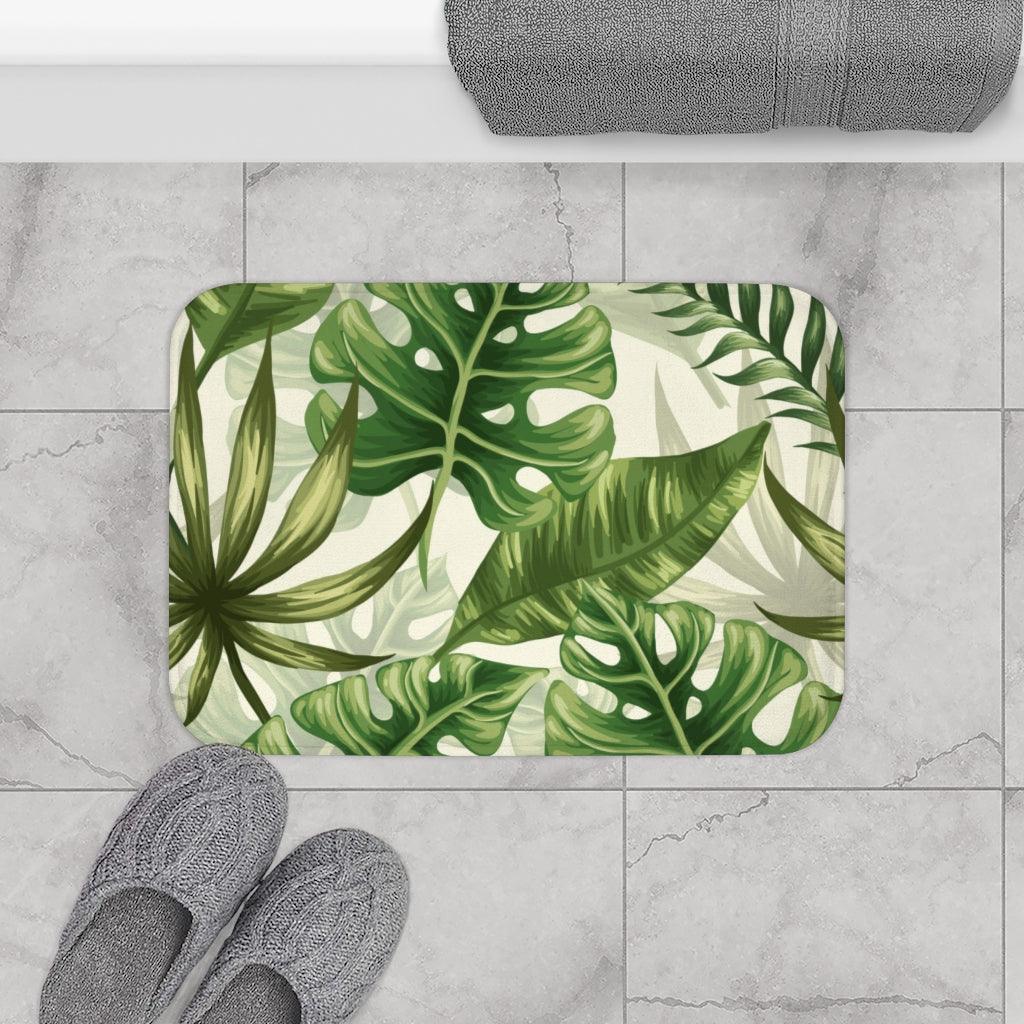 Vintage Monstera & Palm Leaf Tropical Bath Mat | lovevisionkarma.com