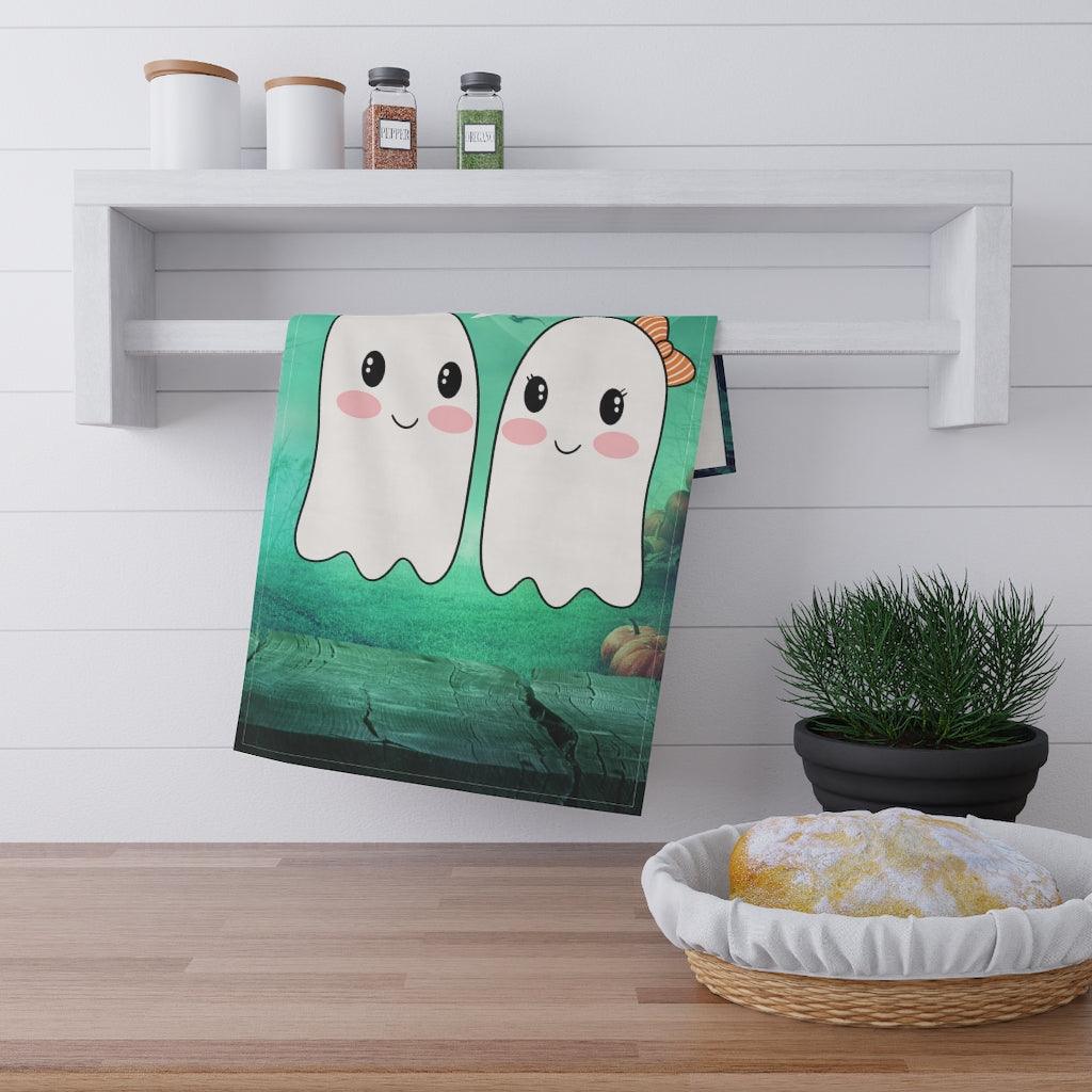 Cute Ghost Couple, Hey Boo, Kawaii Halloween Kitchen Tea Towel | lovevisionkarma.com