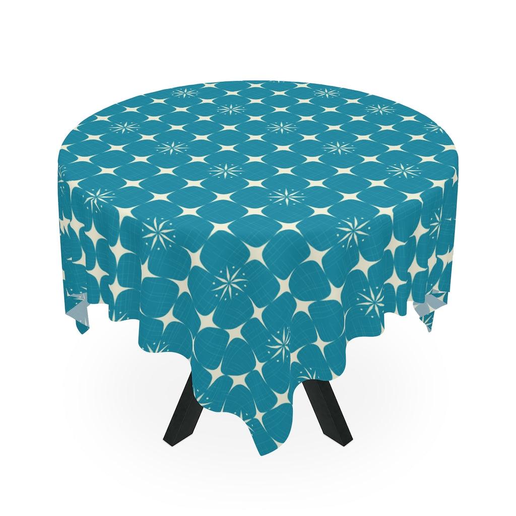 Mid Century Modern Burst Geometric Blue Tablecloth | lovevisionkarma.com