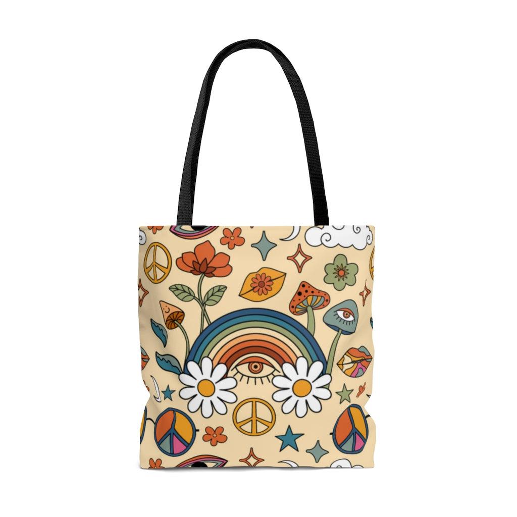 Retro Trippy Mushroom, Eye & Rainbow Hippie Tote Bag | lovevisionkarma.com
