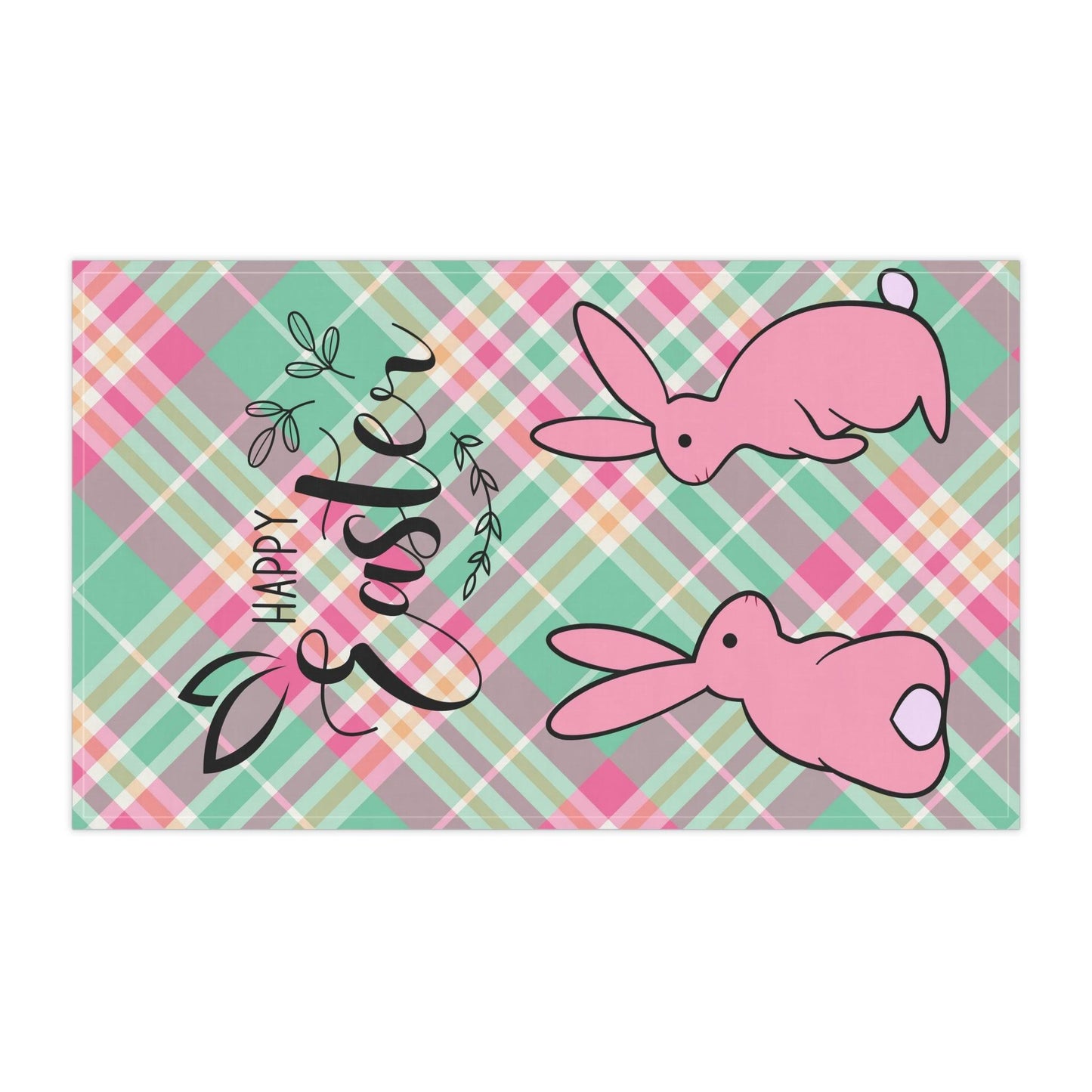 Happy Easter Pink Bunnies & Pastel Plaid Kitchen Tea Towel | lovevisionkarma.com