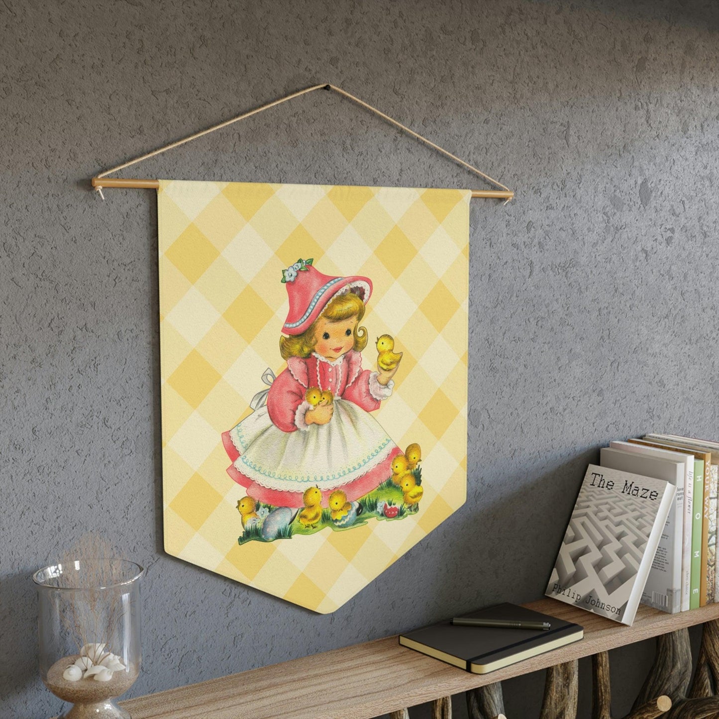 Vintage Easter Retro Girl with Chicks MCM Yellow Wall Pennant | lovevisionkarma.com