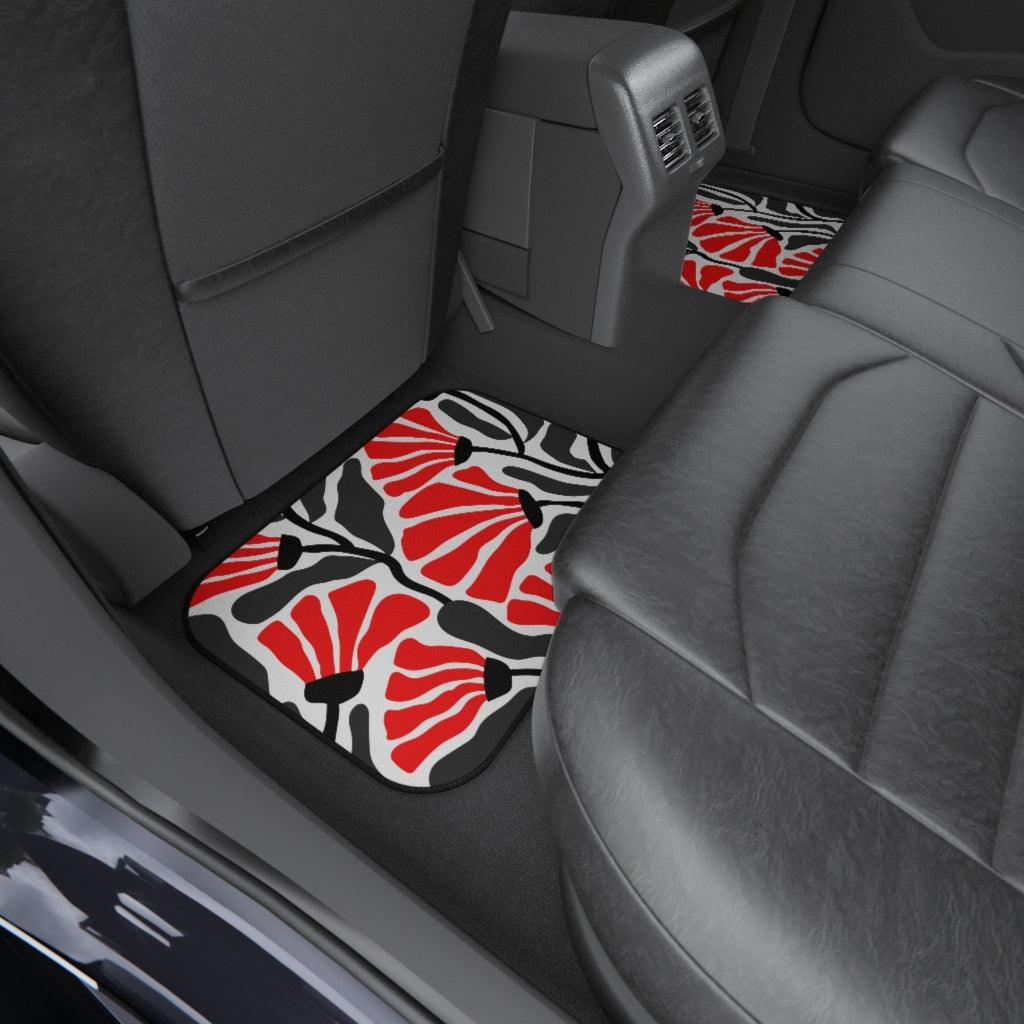 Groovy Abstract Flowers Retro MCM Red, White & Black Car Mats (Set of 4) | lovevisionkarma.com