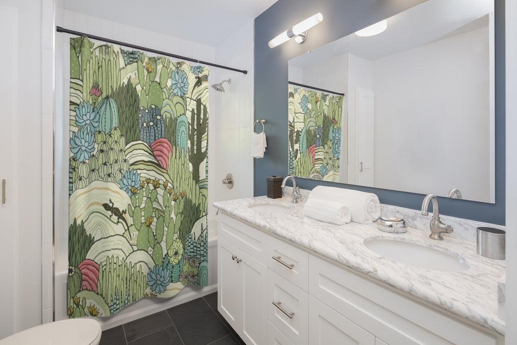 Cacti, Lizard and Succulents Retro Green Shower Curtain | lovevisionkarma.com