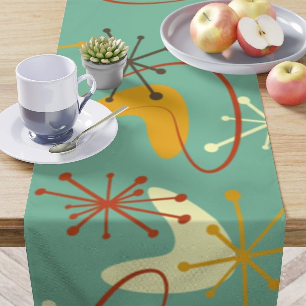 Atomic Mid Century Table Runner Boomerangs & Bursts Teal Retro Table Linens | lovevisionkarma.com