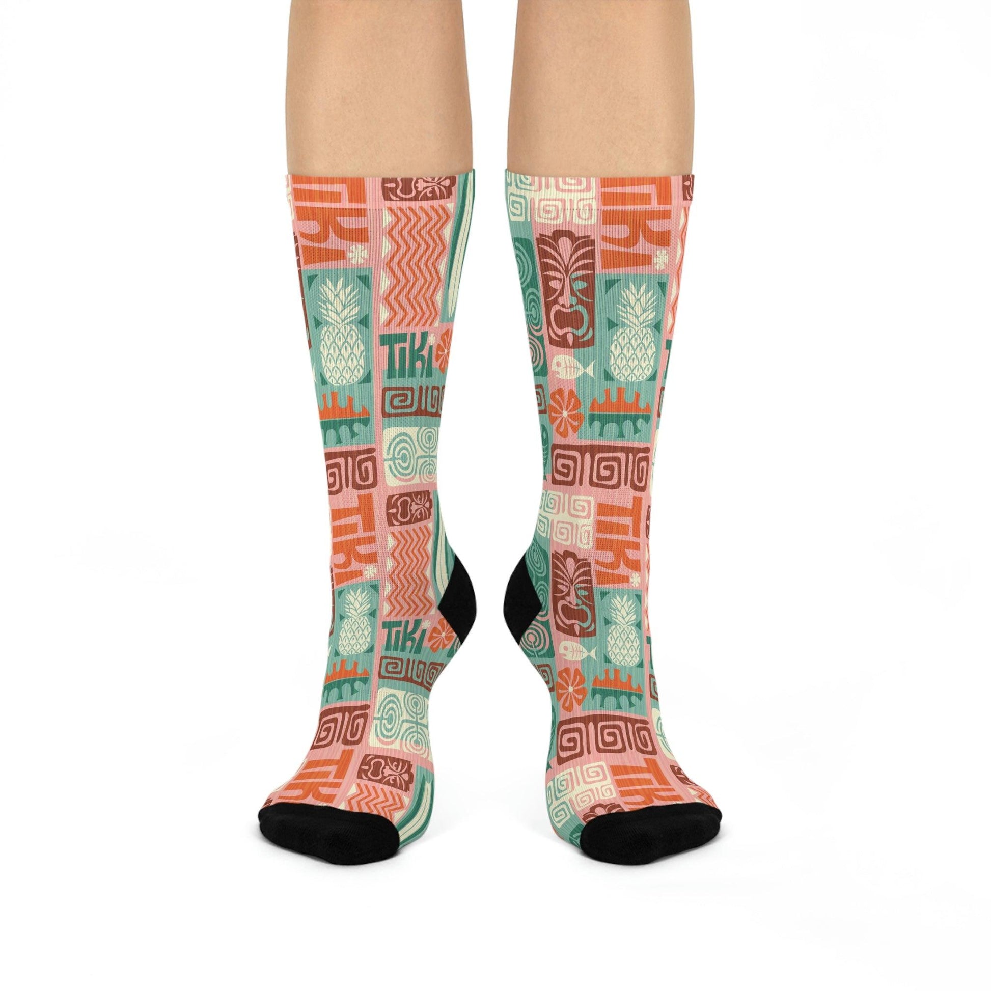 Tiki Retro 1960s MCM Coral & Blue Cushioned Crew Unisex Socks | lovevisionkarma.com