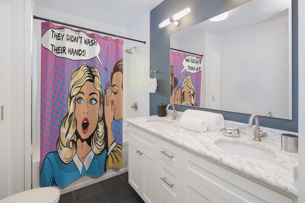 "Washing Hands Reminder" Comic Pop Art Funny Shower Curtain | lovevisionkarma.com