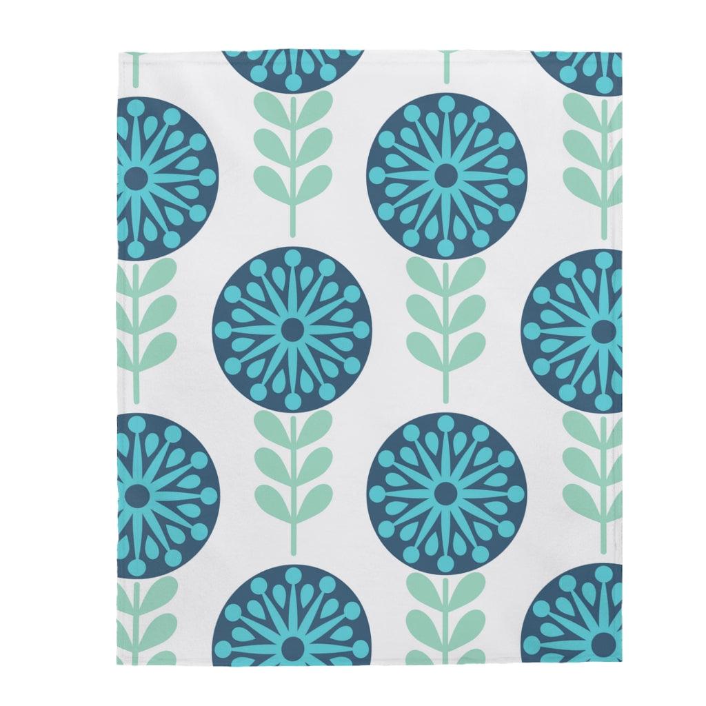 Scandinavian Mid Century Danish Floral Blue Dandelion Lightweight Velveteen Blanket | lovevisionkarma.com