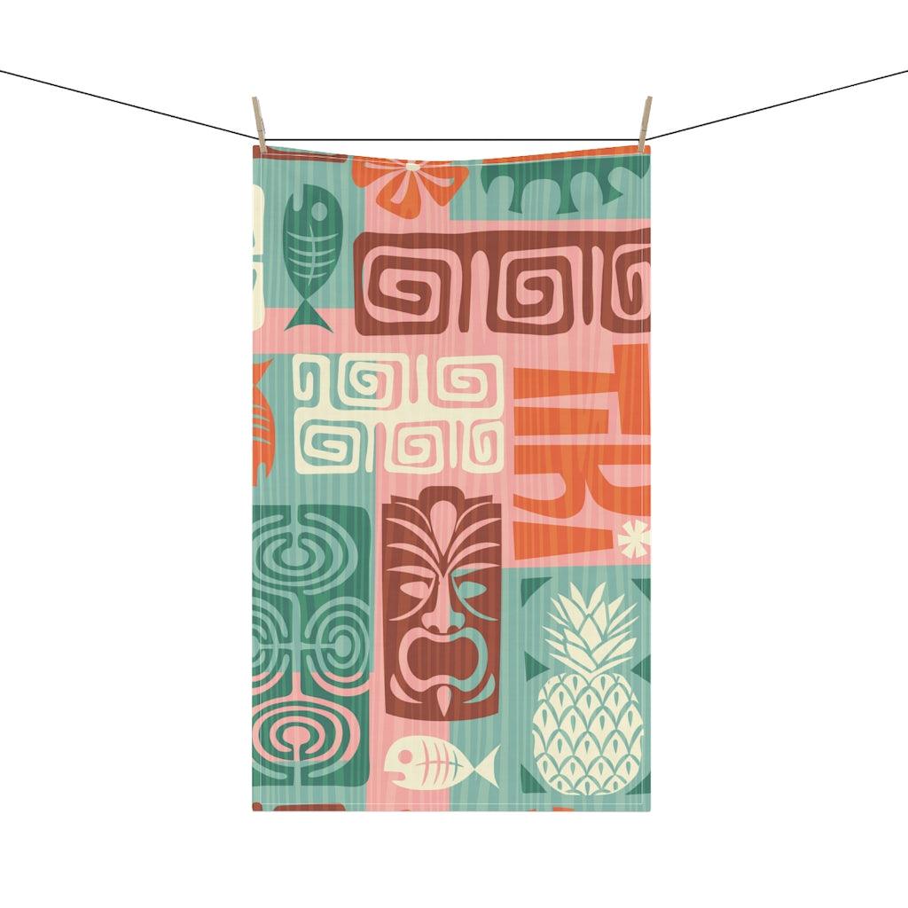 Retro 60's Tiki Pink & Green Kitchen Tea Towel | lovevisionkarma.com