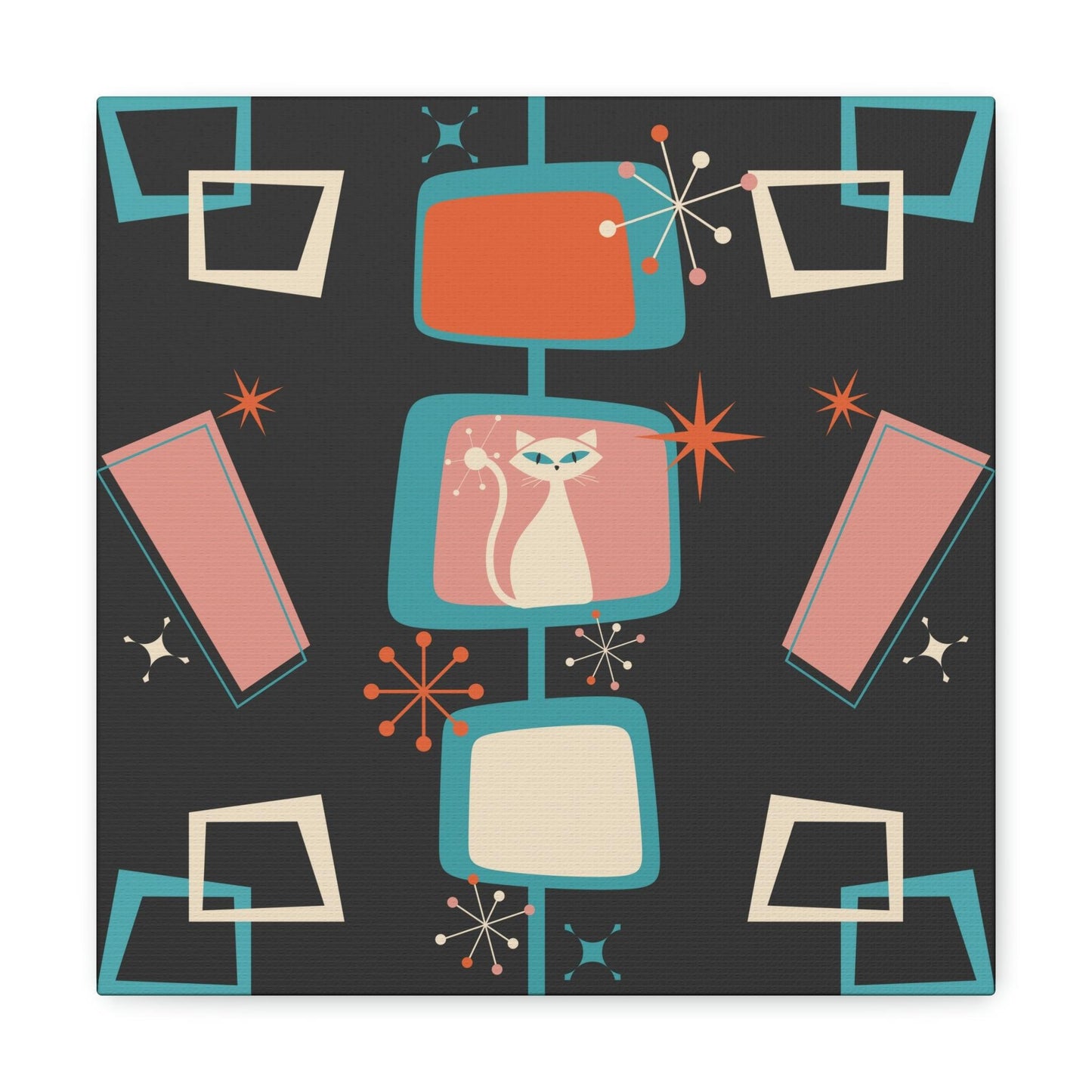 Mid Century Atomic White Cat & Starburst Multicolor Canvas Gallery Wrap | lovevisionkarma.com