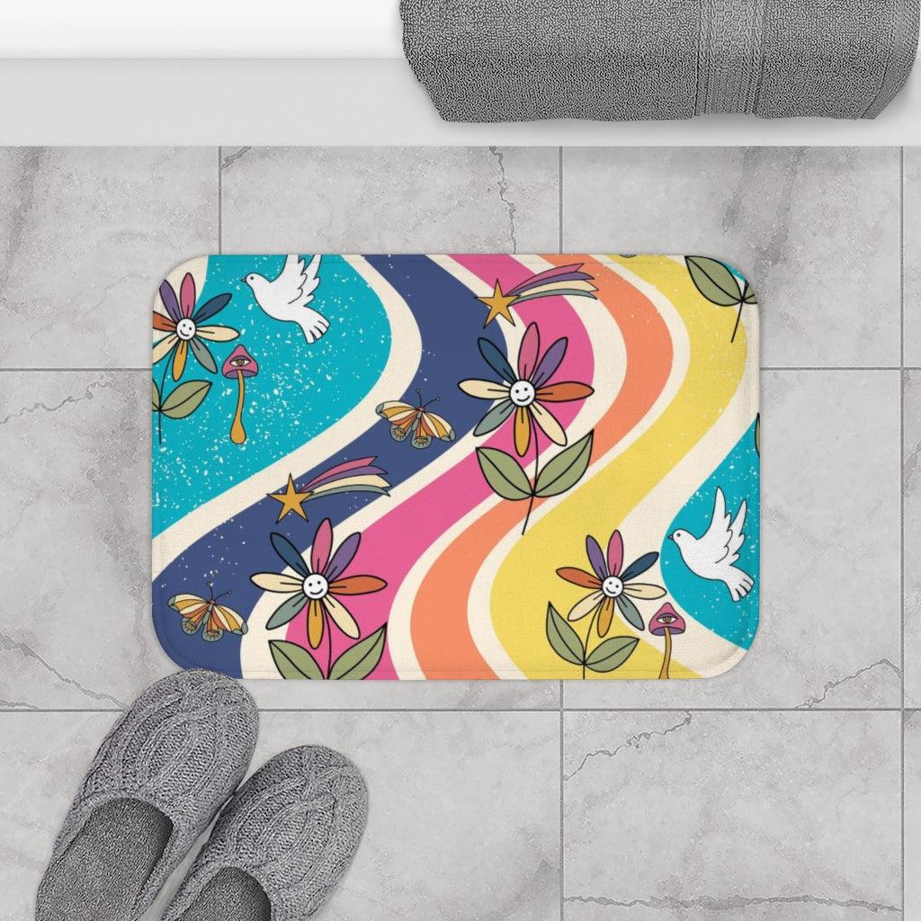 Groovy Hippie Flowers and Boho Mushrooms Colorful Bath Mat | lovevisionkarma.com