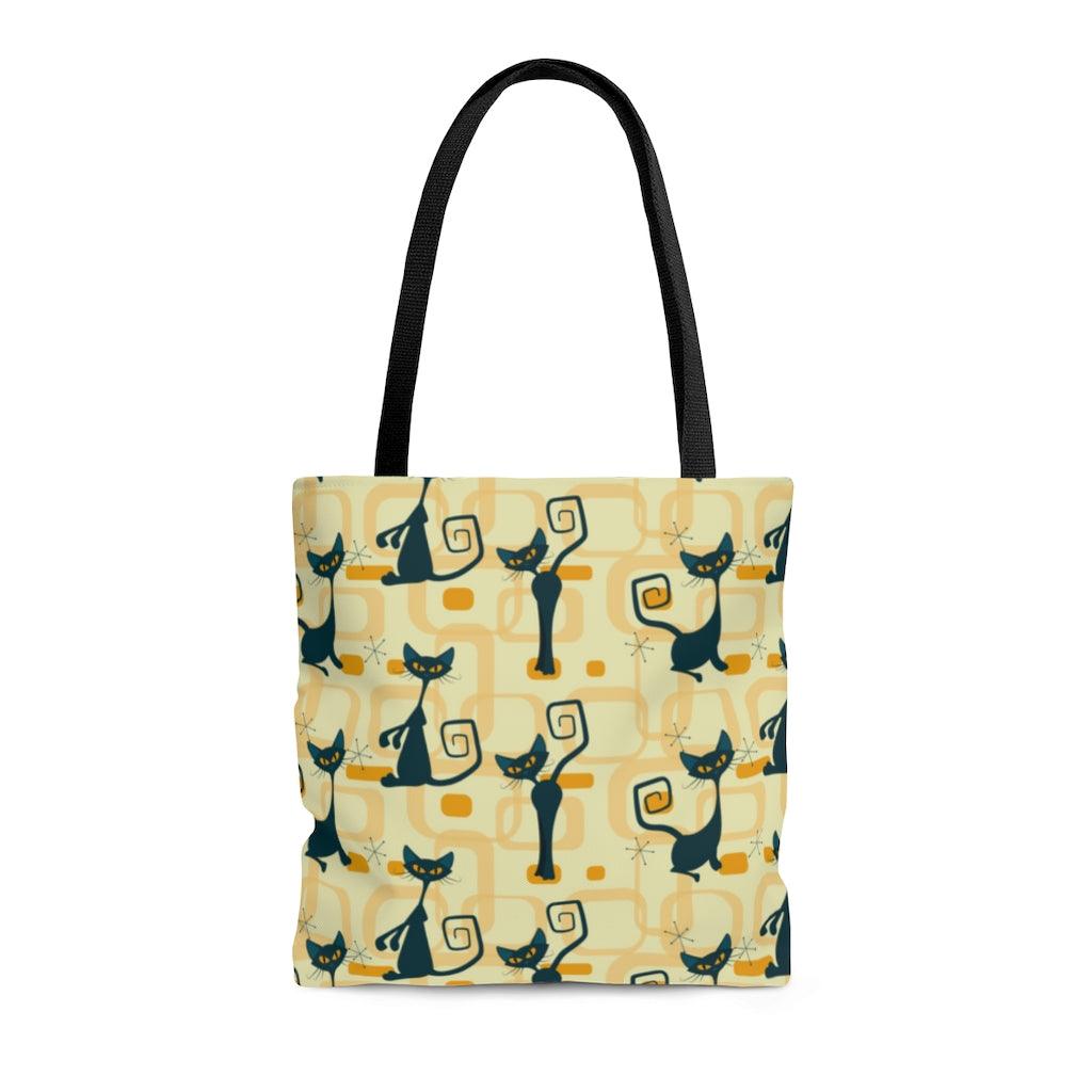 Retro Atomic Cats MCM Yellow Tote Bag | lovevisionkarma.com