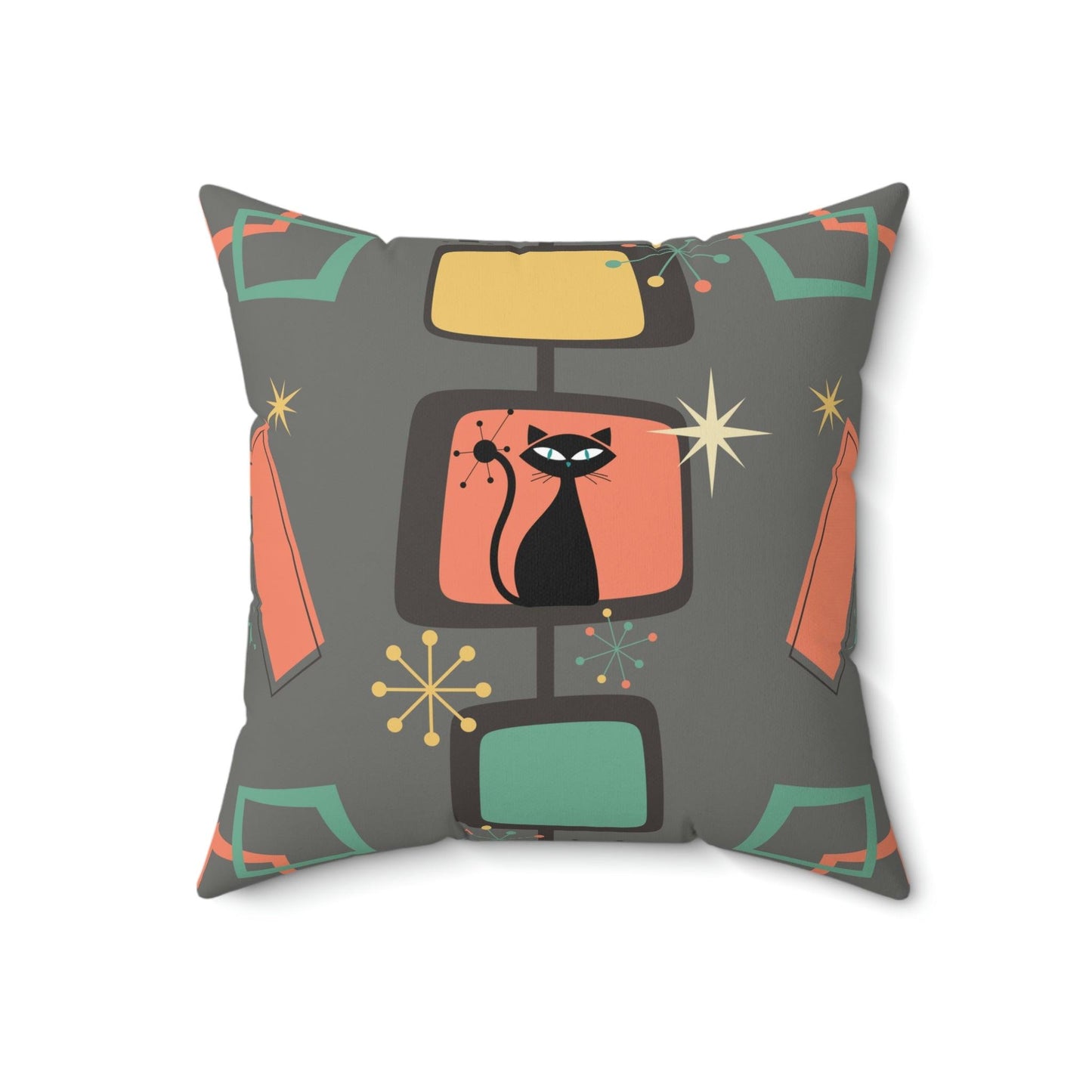 Retro Atomic Cat, Starburst Chic Mid Century Mod Coral & Gray Throw Pillow | lovevisionkarma.com