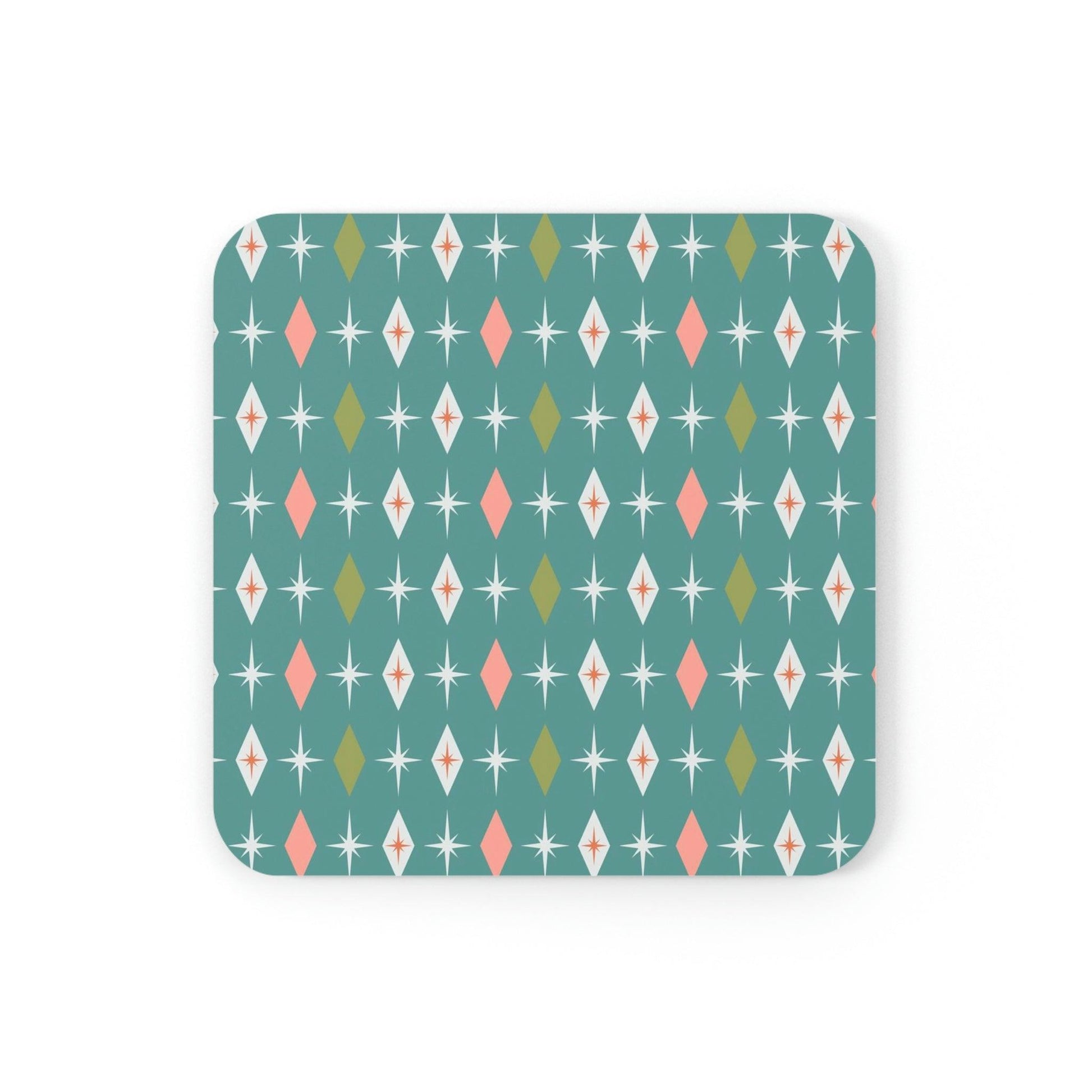 Retro 50s Mid Century Bursts and Diamonds Teal & Pink Coaster Set | lovevisionkarma.com