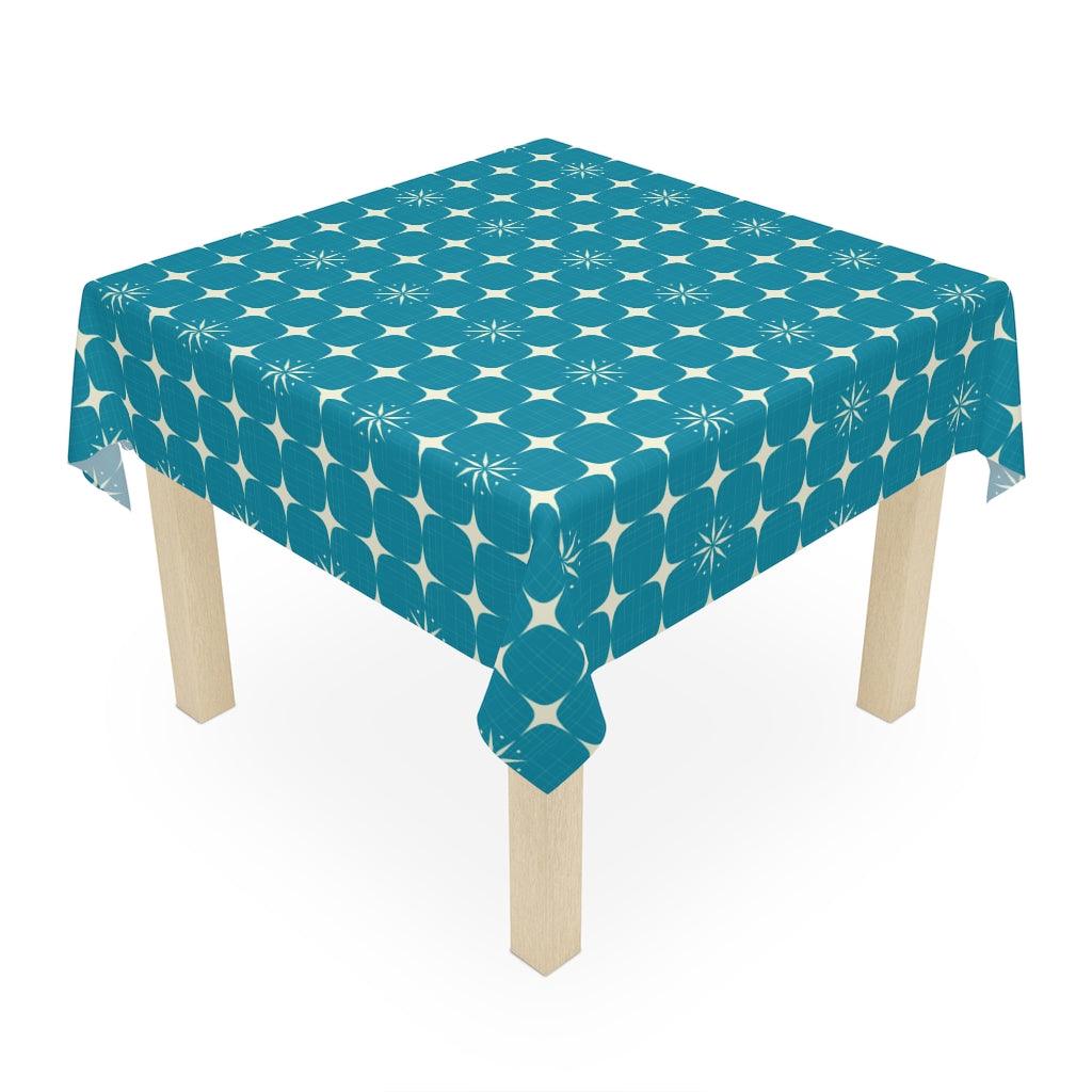 Mid Century Modern Burst Geometric Blue Tablecloth | lovevisionkarma.com