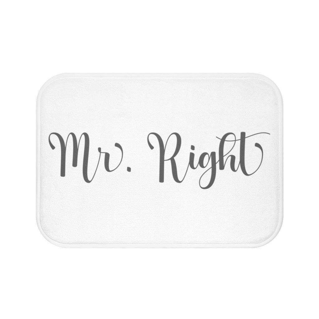 "Mr. Right" White with Dark Gray Lettering Modern Minimalist Bath Mat | lovevisionkarma.com