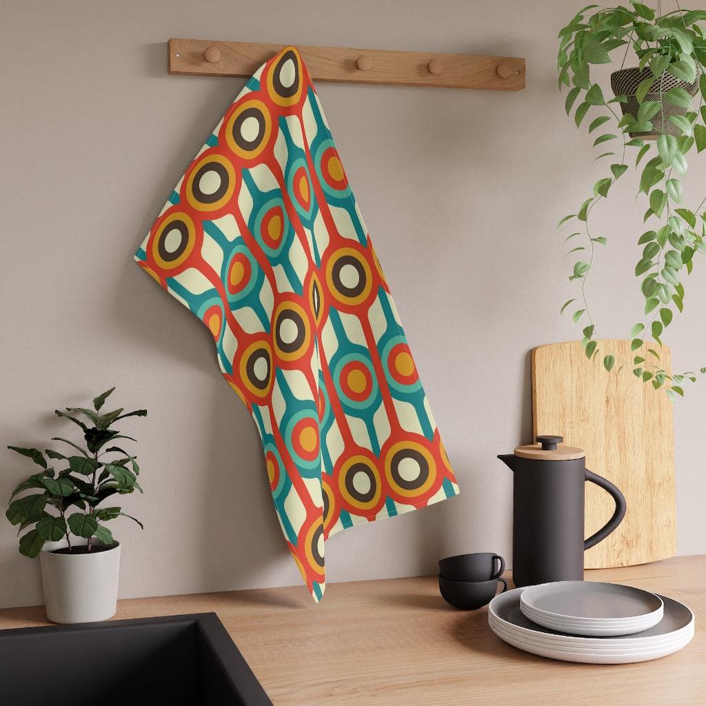 Retro Mid Century Mod Geometric Cream, Teal & Orange Kitchen Towel | lovevisionkarma.com