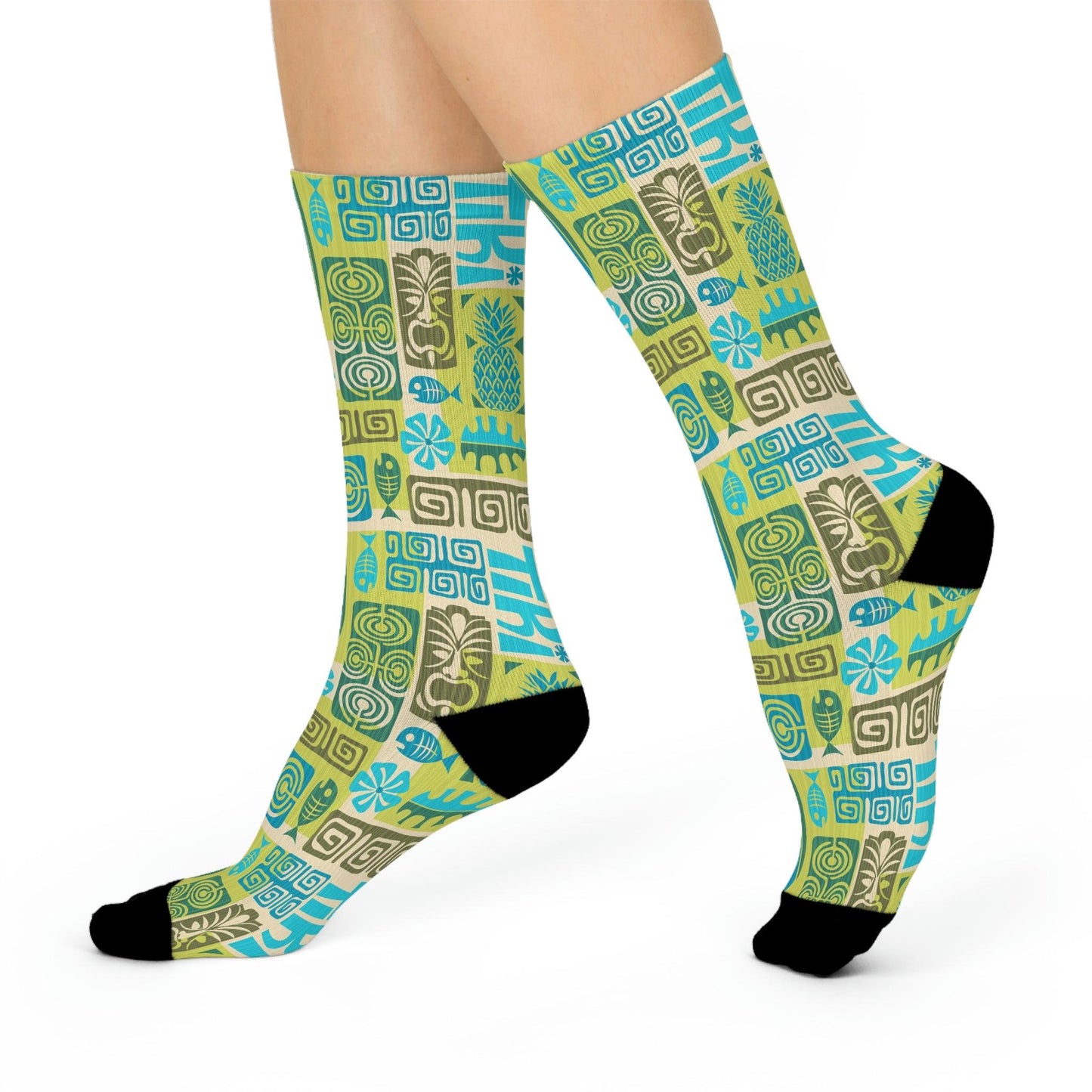 Retro 60s Tiki Mid Century Blue & Green Cushioned Crew Unisex Socks | lovevisionkarma.com