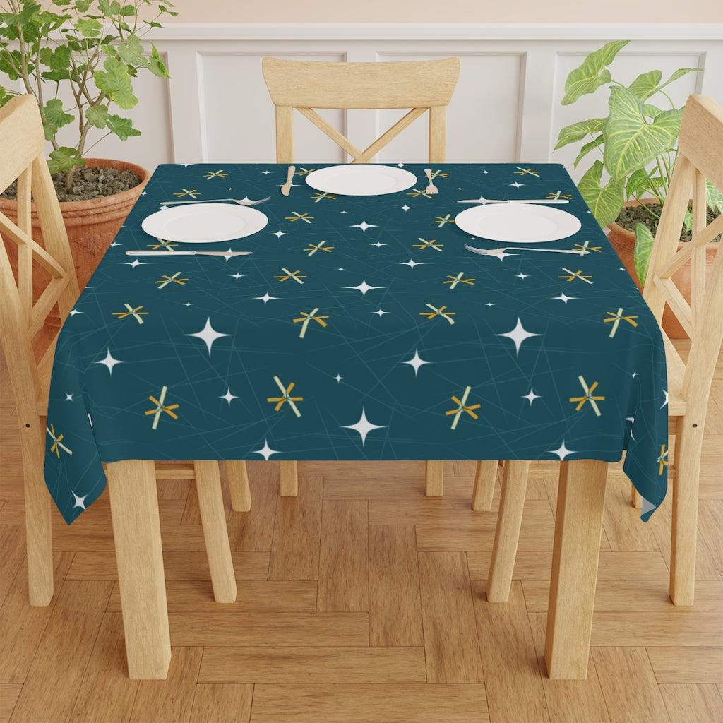 Mid Century Mod Atomic Bursts and Stars Dark Blue Tablecloth | lovevisionkarma.com