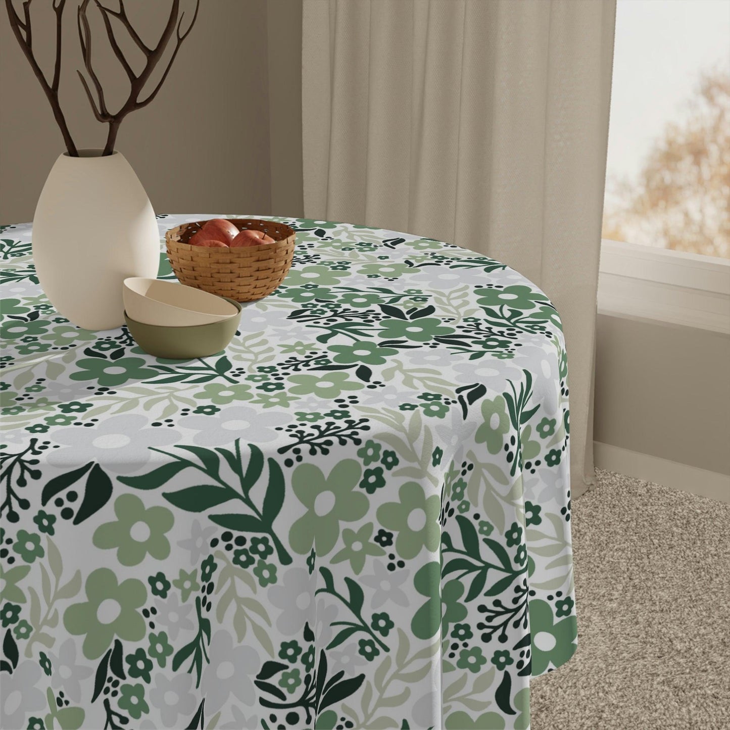 Retro Flowers Minimalist Mid Century Shades of Green Tablecloth | lovevisionkarma.com