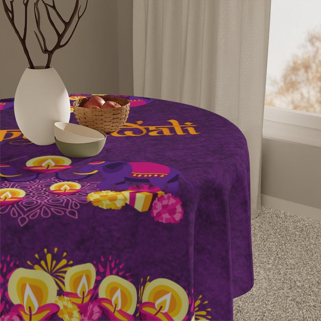 Diwali Home Decor, Diyas & Elephants Purple Tablecloth | lovevisionkarma.com