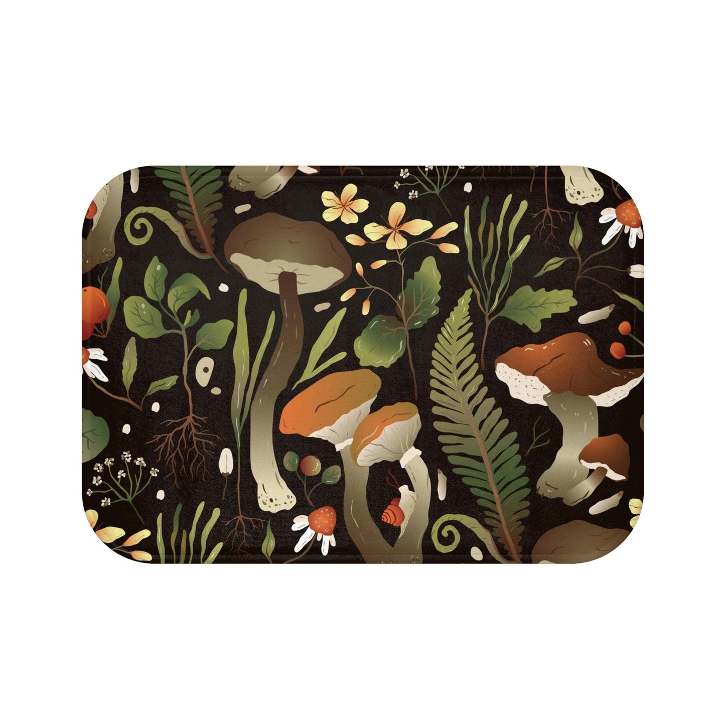 Mushroom and Snail Woodland Cottagecore Bath Mat | lovevisionkarma.com