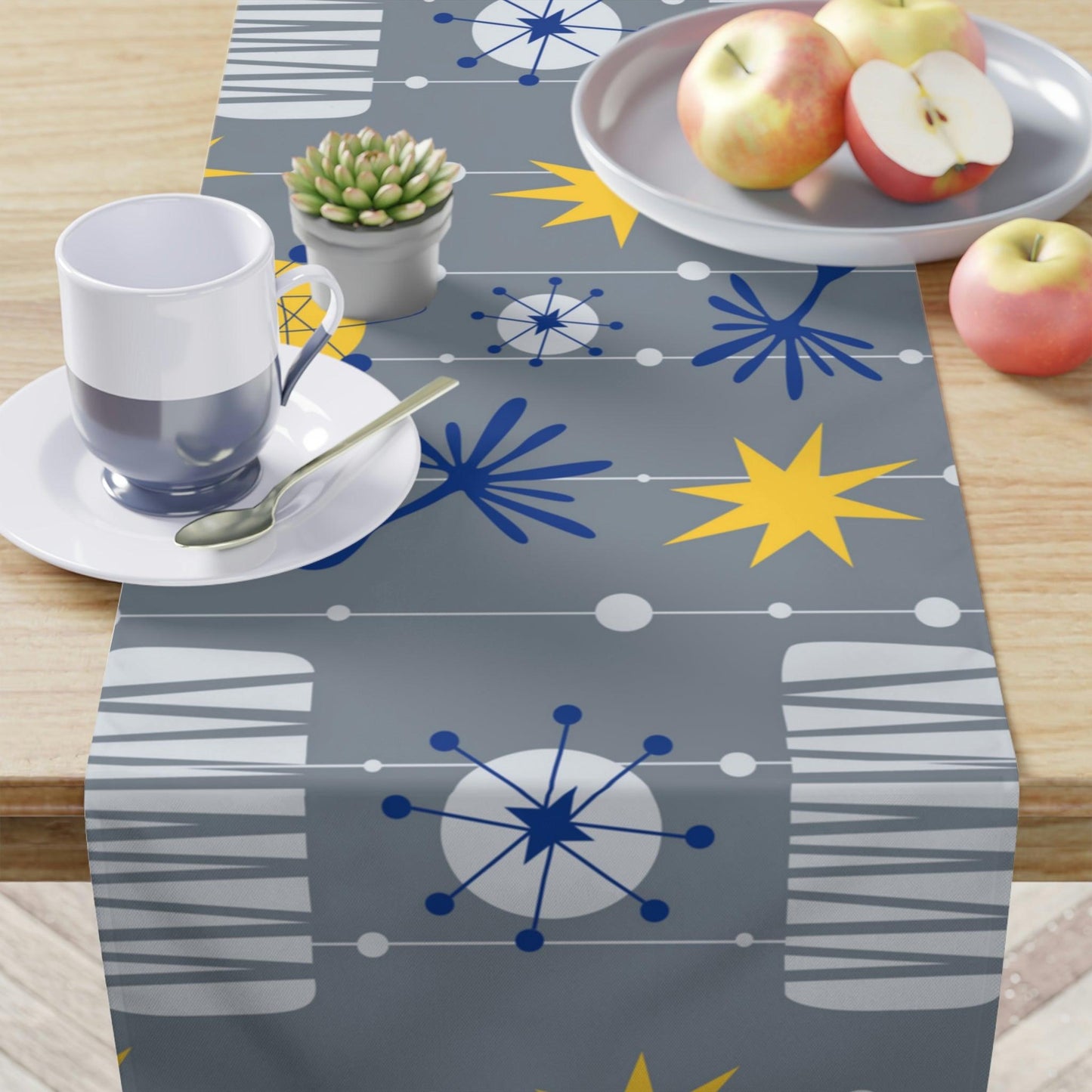 Retro Atomic Space Age Mid Century Blue, Gray & Yellow Table Runner | lovevisionkarma.com