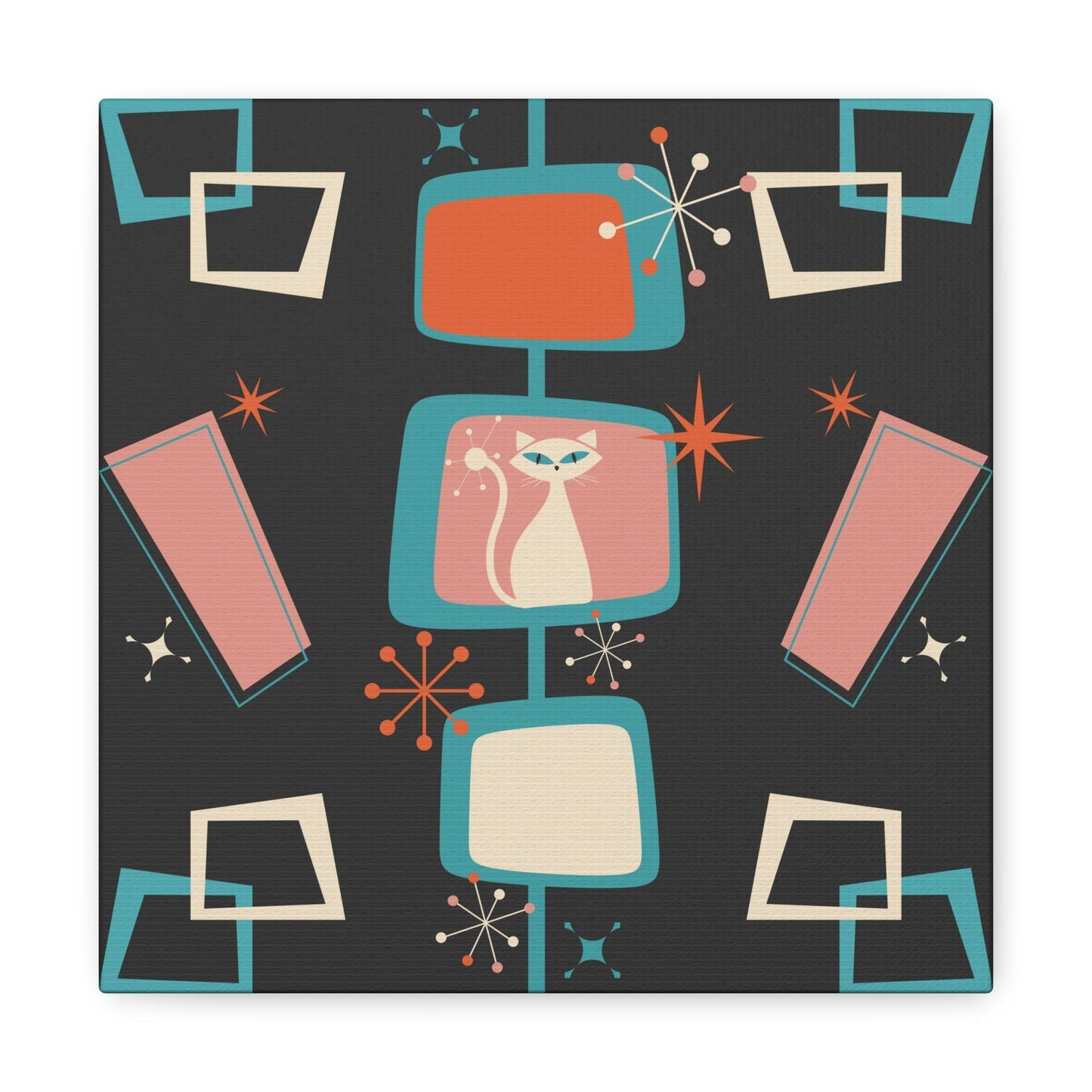 Mid Century Atomic White Cat & Starburst Multicolor Canvas Gallery Wrap | lovevisionkarma.com