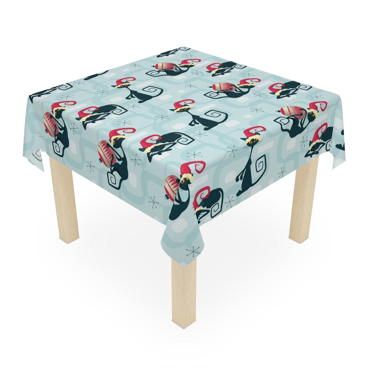 Christmas Atomic Cat MCM Blue Festive Tablecloth | lovevisionkarma.com