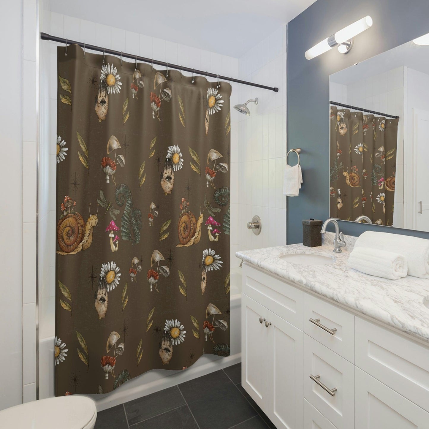Boho Snail and Mushrooms Cottagecore Brown Shower Curtain | lovevisionkarma.com