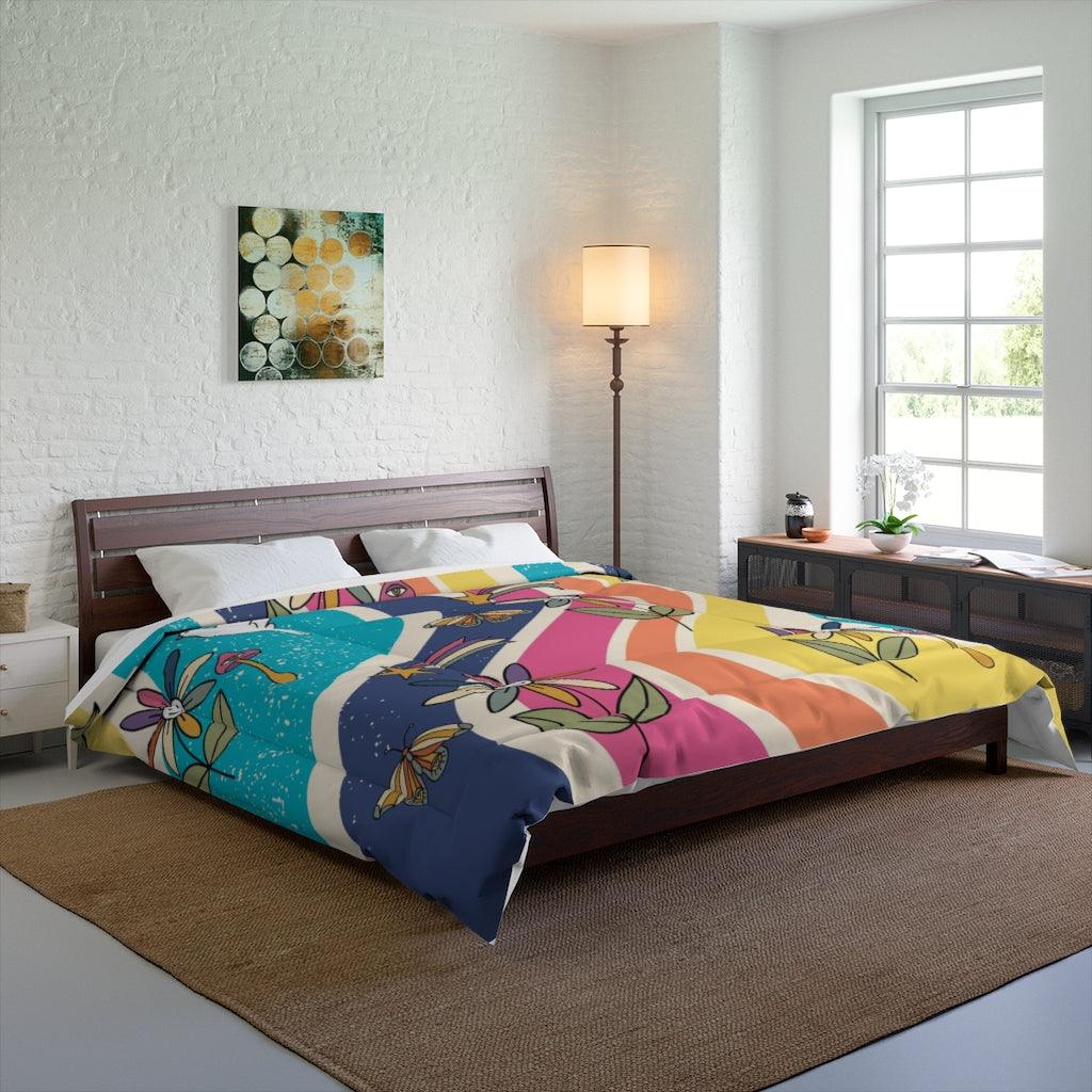 Groovy Hippie Flowers & Boho Mushrooms Colorful Comforter | lovevisionkarma.com