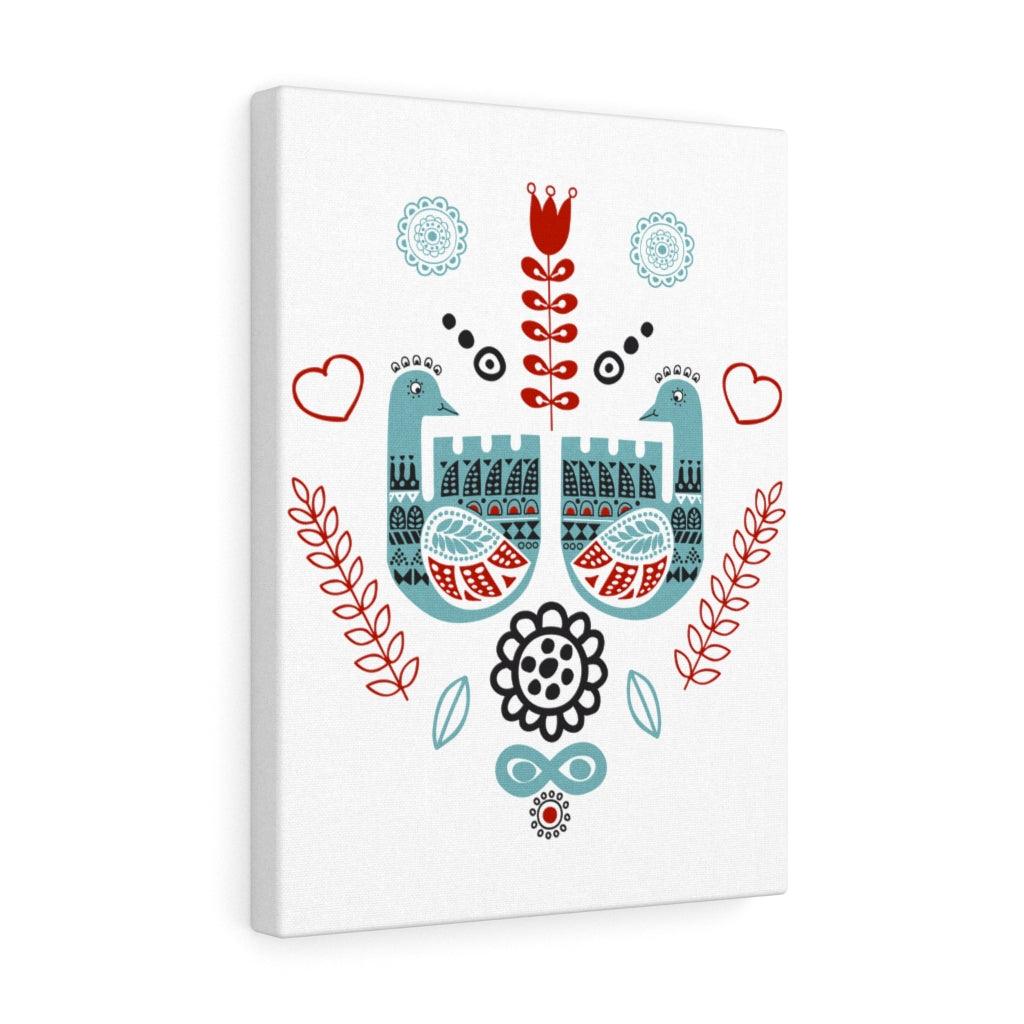 Scandinavian Nordic Folk Art Blue & Red Love Birds Canvas Gallery Wrap | lovevisionkarma.com