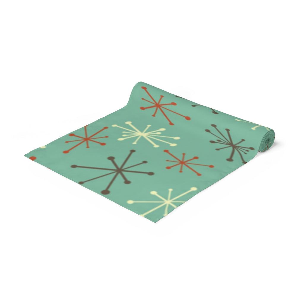 Mid Century Modern Table Runner, Atomic Starbursts Blue Retro Table Linens | lovevisionkarma.com